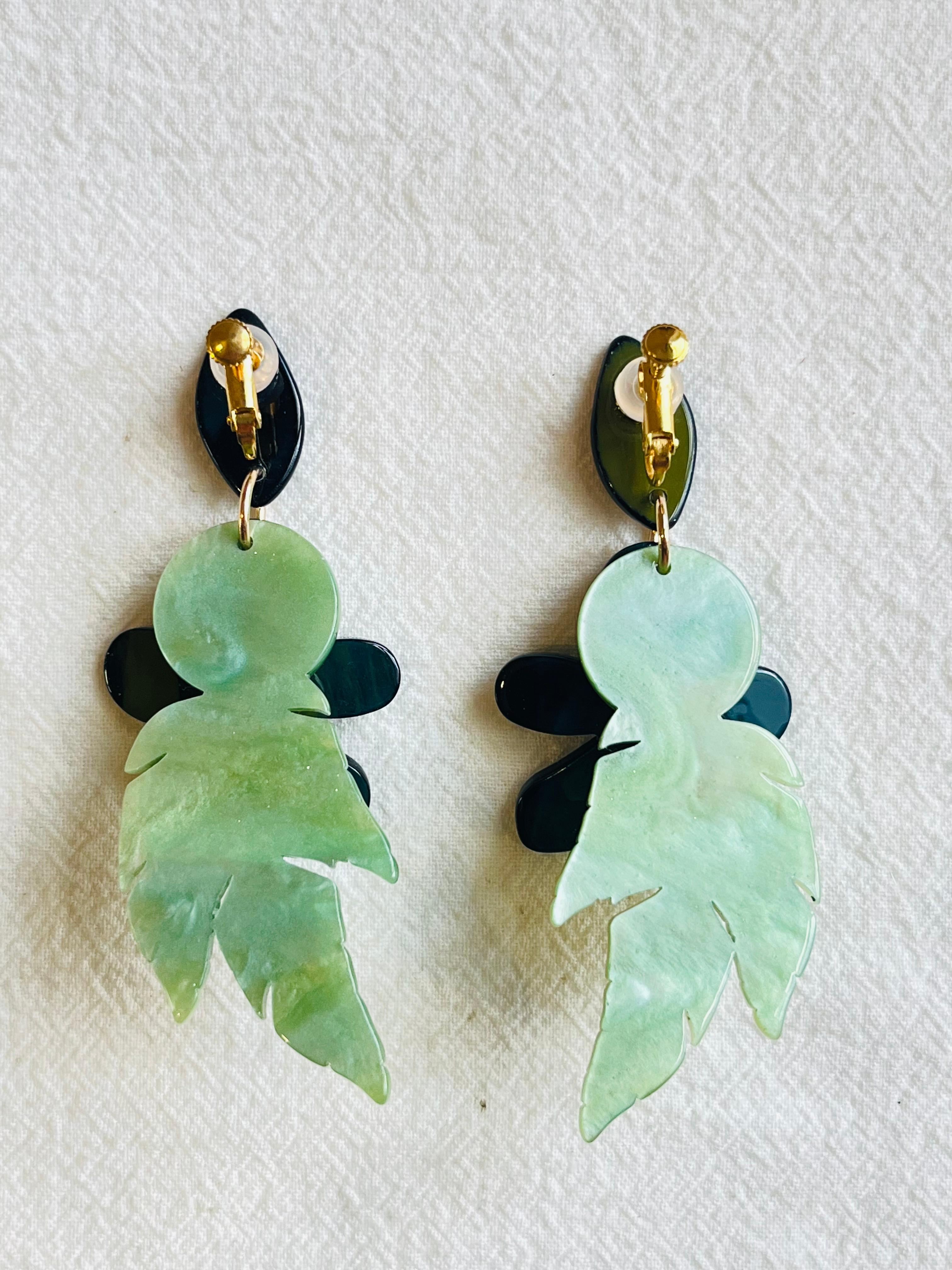 Huge Large Long Tropical Dark Light Green Layer Leaf Flower Drop Clip Earrings For Sale 3