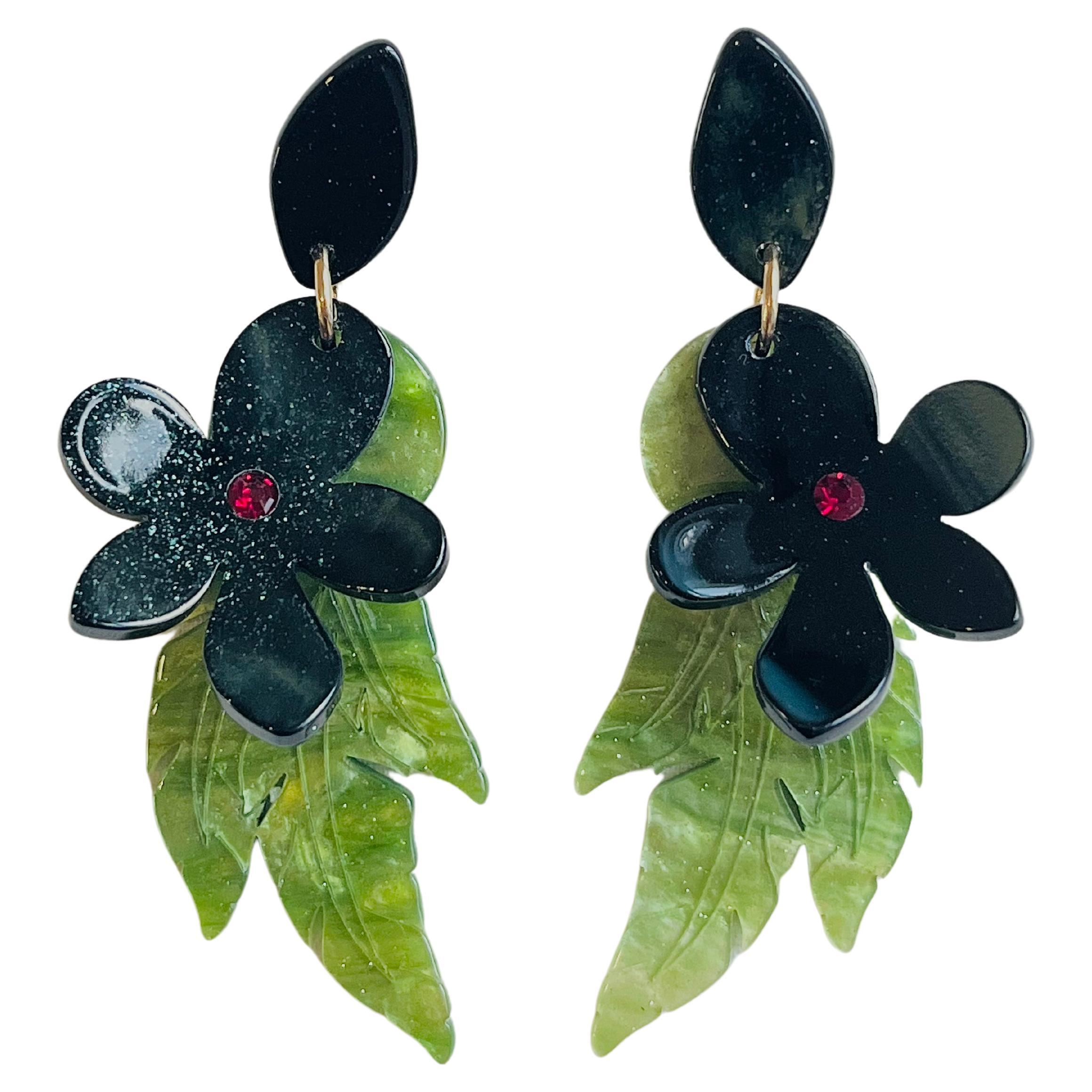 Huge Large Long Tropical Dark Light Green Layer Leaf Flower Drop Clip Earrings For Sale