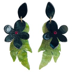 Huge Large Long Tropical Dark Light Green Layer Leaf Flower Drop Clip Earrings