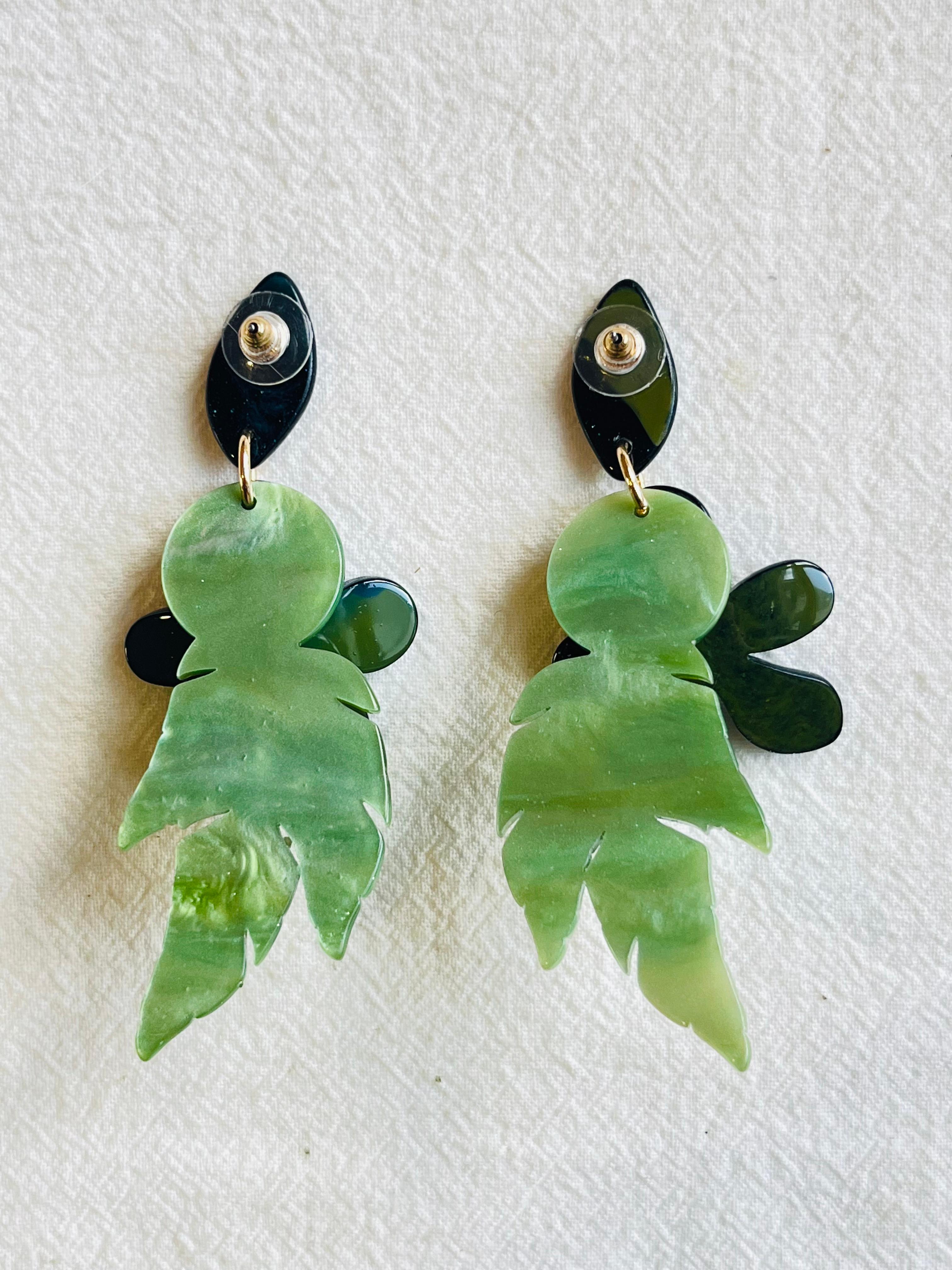 Huge Large Long Tropical Green Layer Double Leaf Flower Drop Pierced Earrings For Sale 3