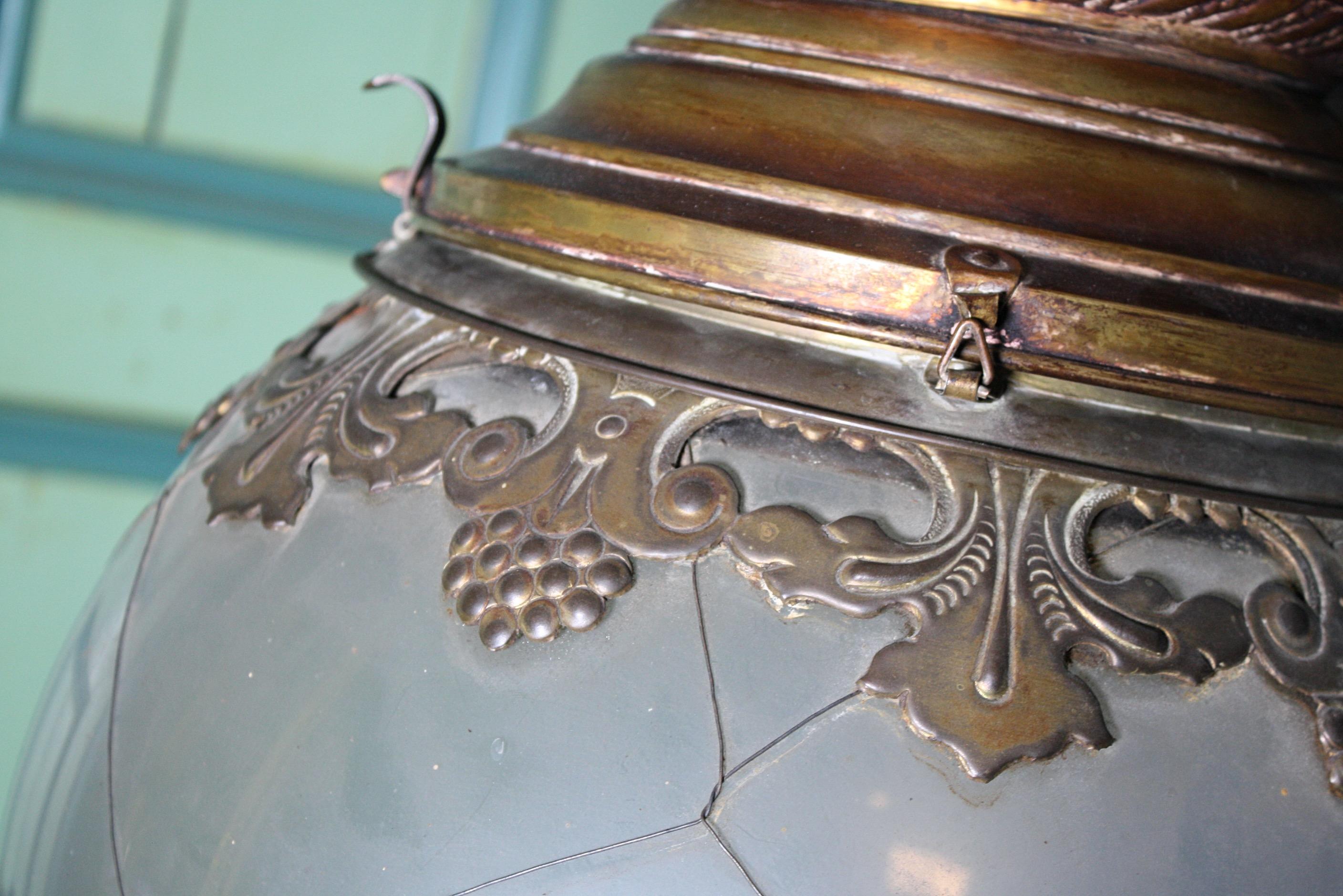 Huge Late 19th-Early 20th Century Brass and Glass Globe Pendant Lantern Light 5