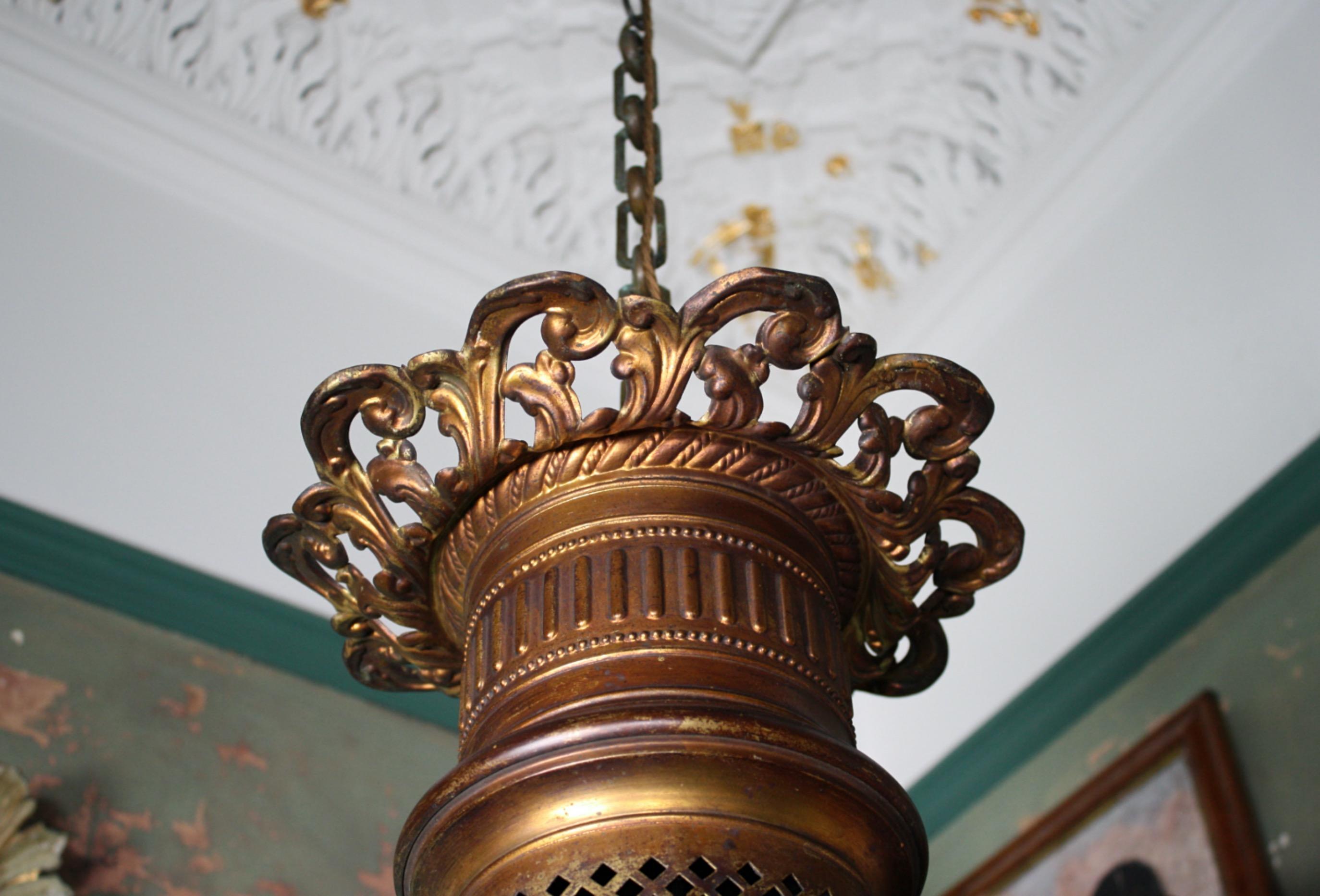 Huge Late 19th-Early 20th Century Brass and Glass Globe Pendant Lantern Light 6