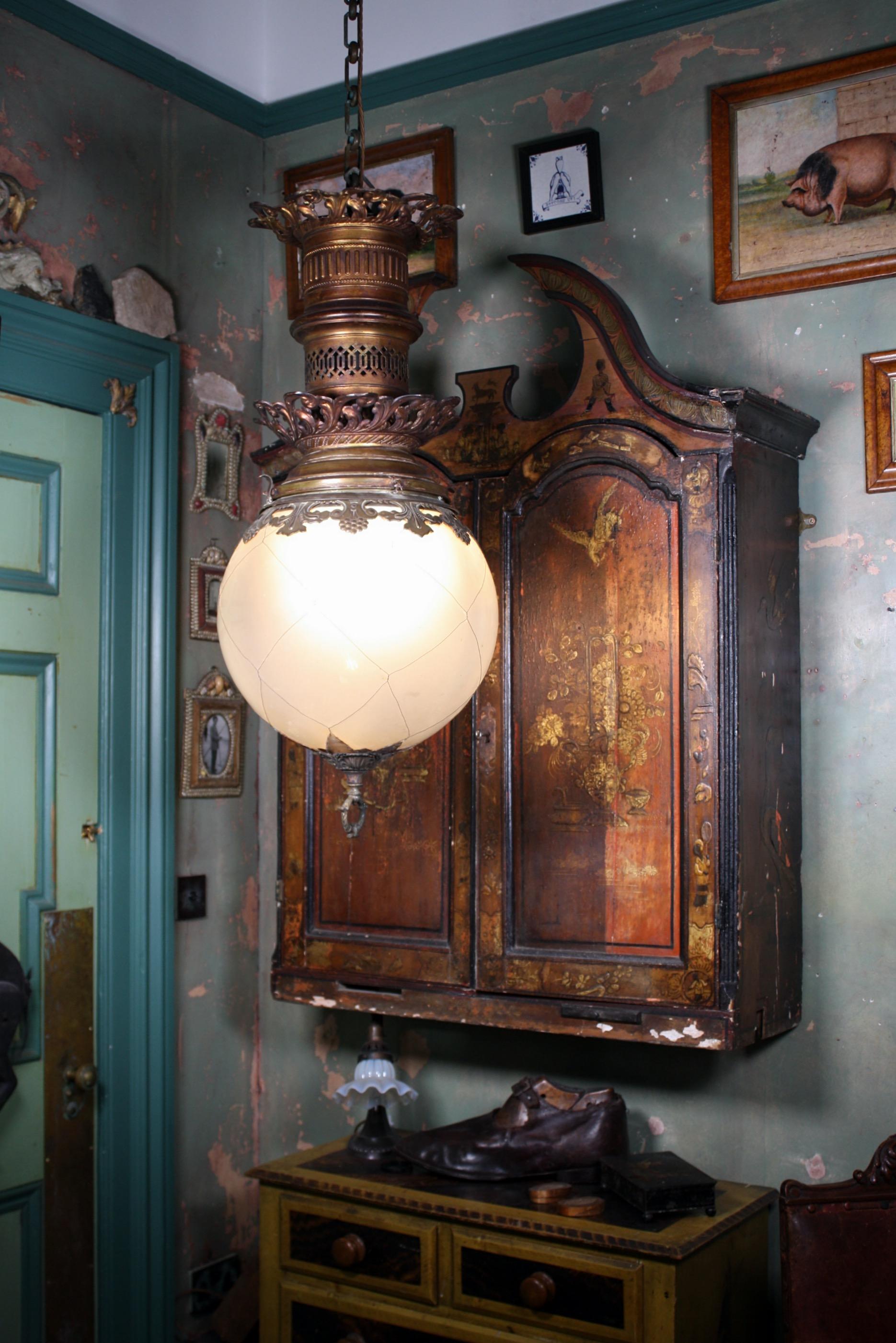Huge Late 19th-Early 20th Century Brass and Glass Globe Pendant Lantern Light 12