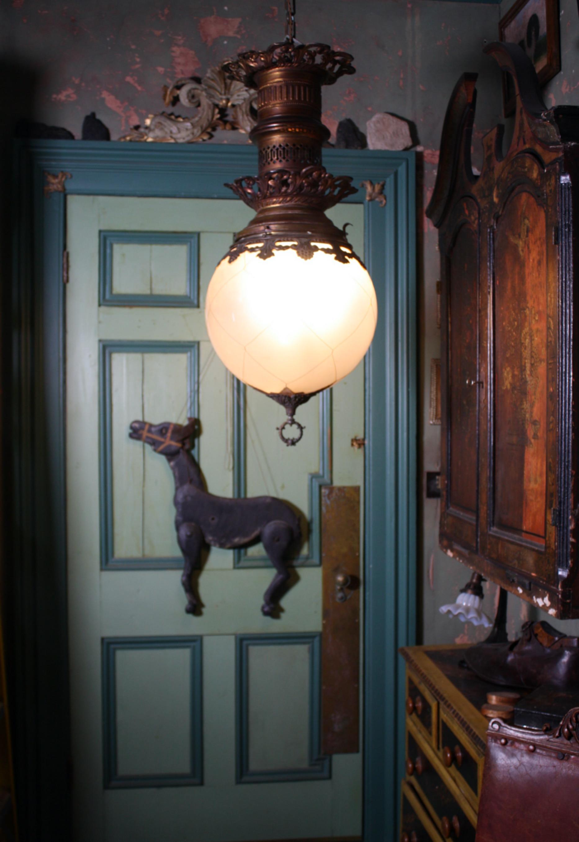 French Huge Late 19th-Early 20th Century Brass and Glass Globe Pendant Lantern Light