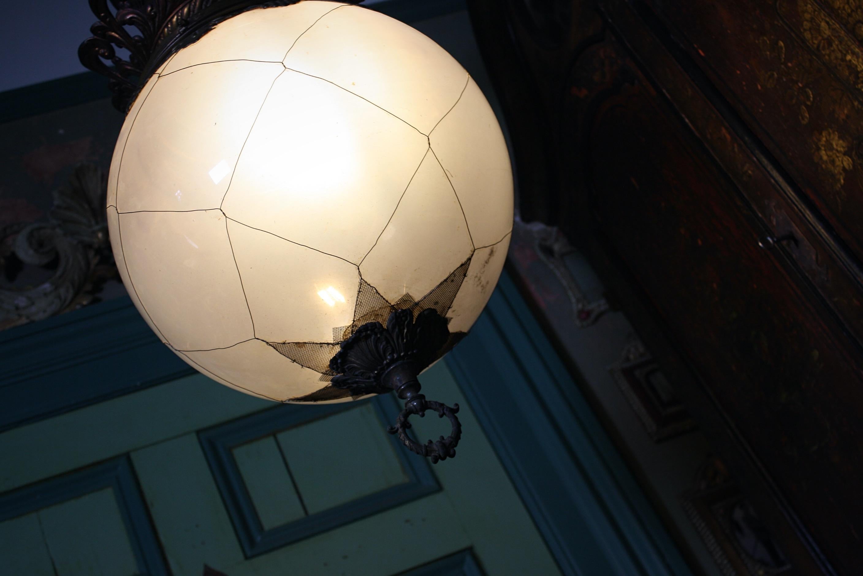 Huge Late 19th-Early 20th Century Brass and Glass Globe Pendant Lantern Light In Fair Condition In Lowestoft, GB