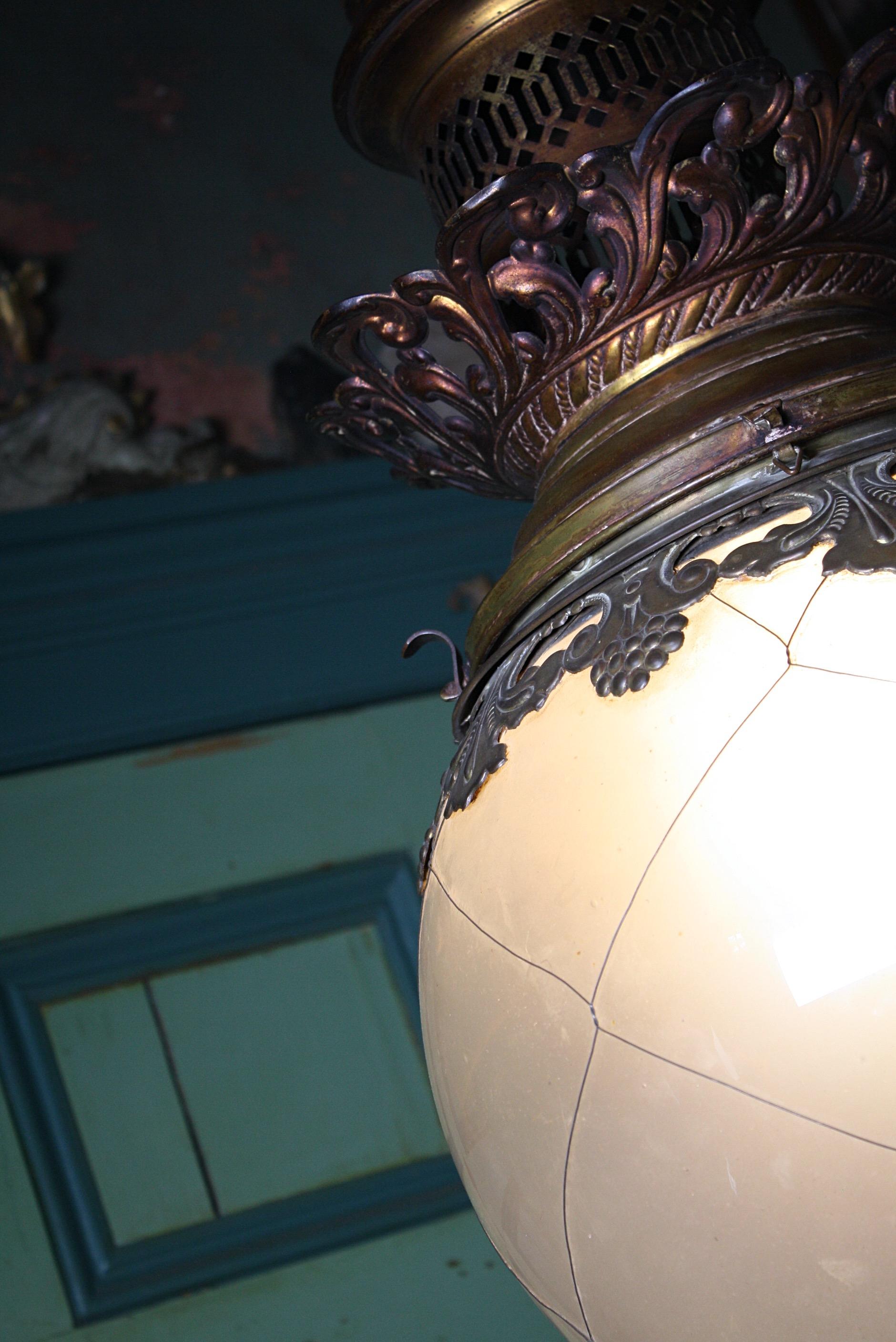 Huge Late 19th-Early 20th Century Brass and Glass Globe Pendant Lantern Light 1