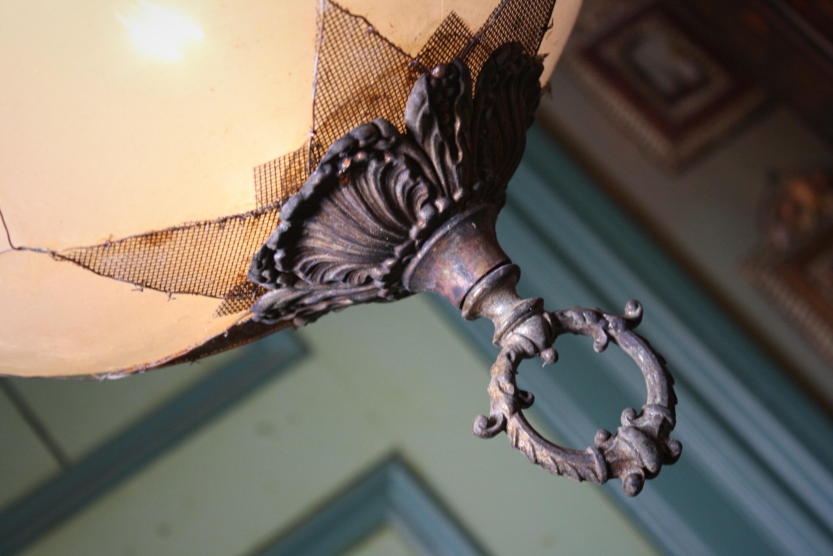 Huge Late 19th-Early 20th Century Brass and Glass Globe Pendant Lantern Light 2