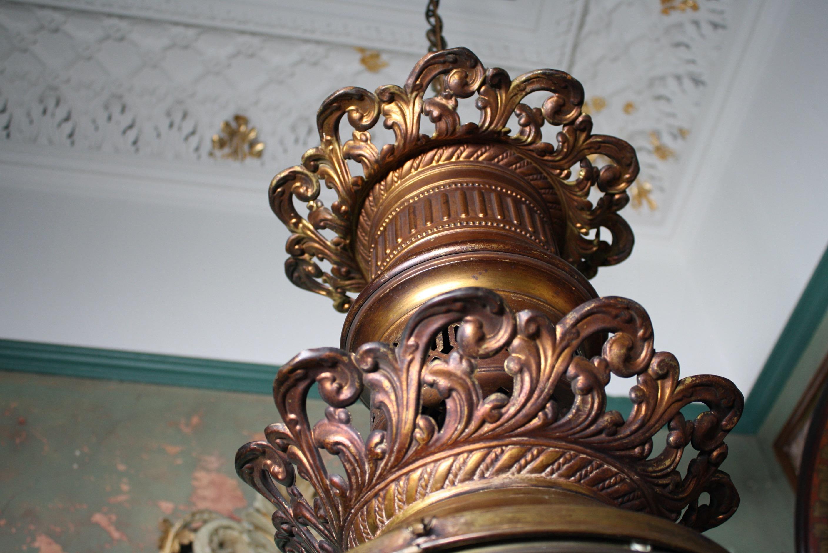 Huge Late 19th-Early 20th Century Brass and Glass Globe Pendant Lantern Light 3