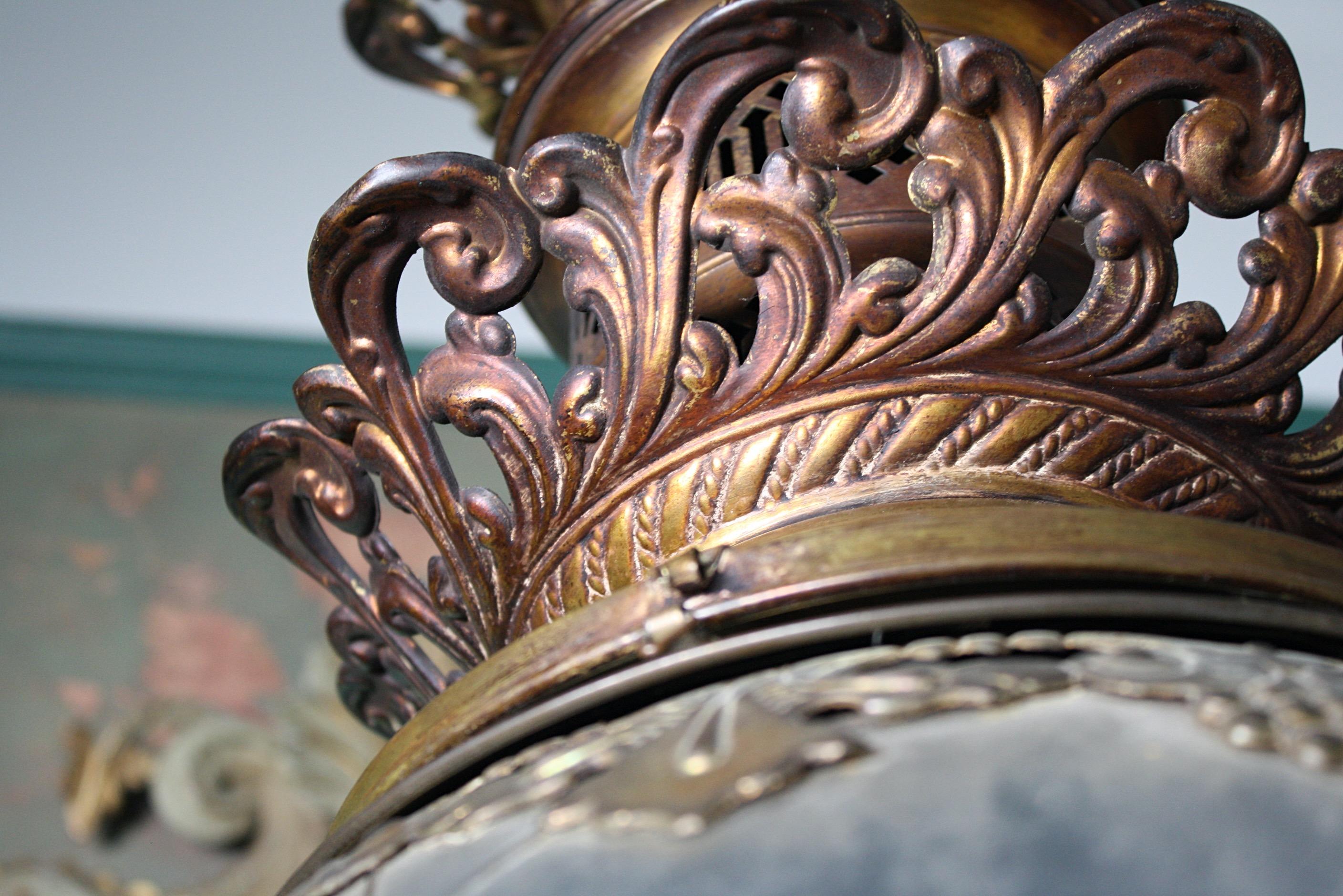 Huge Late 19th-Early 20th Century Brass and Glass Globe Pendant Lantern Light 4