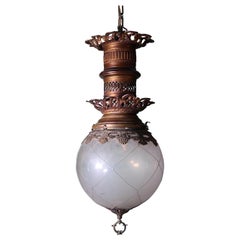 Huge Late 19th-Early 20th Century Brass and Glass Globe Pendant Lantern Light