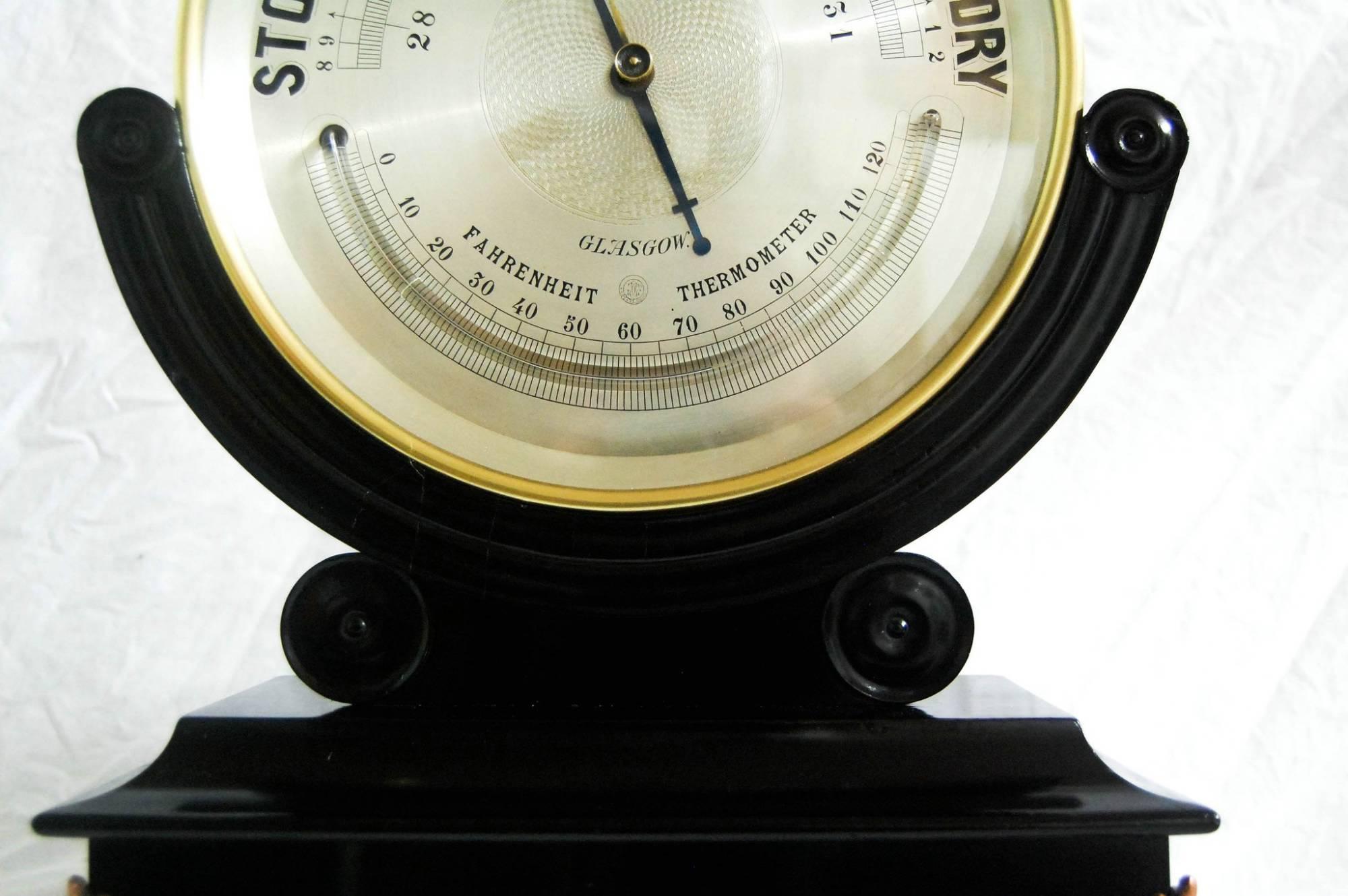 Huge Late Victorian Dial Brass Aneroid Barometer on Ebonized Stand by WJ Hass 1