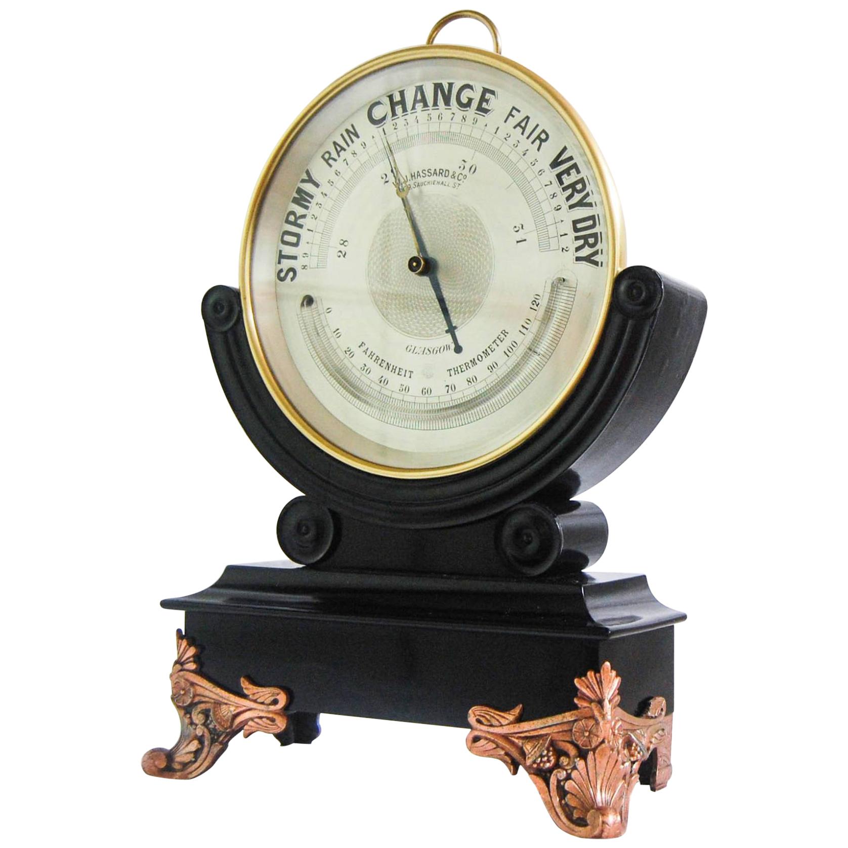 Huge Late Victorian Dial Brass Aneroid Barometer on Ebonized Stand by WJ Hass