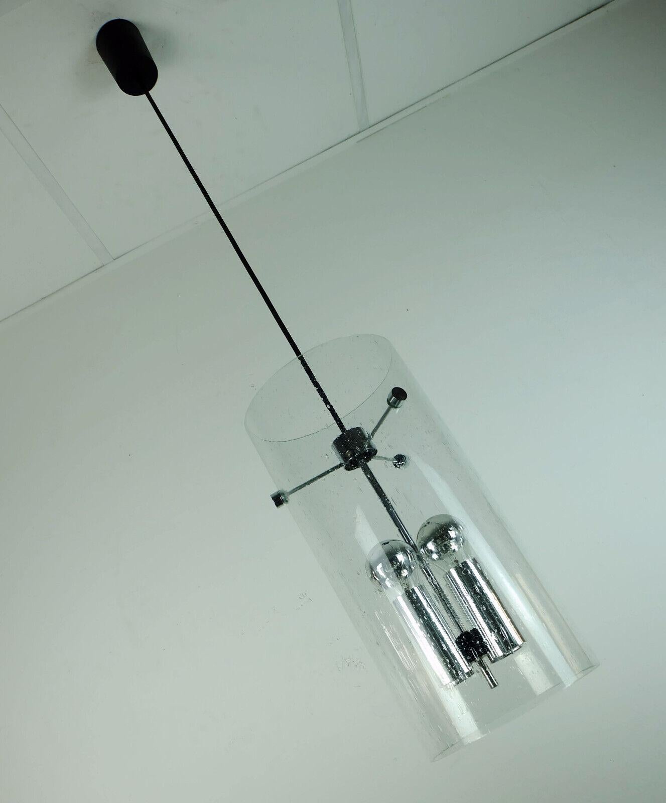 German Huge Limburg Pendant Light Cylindrical Bubble Glass Shade and Chrome 3 in Stock For Sale