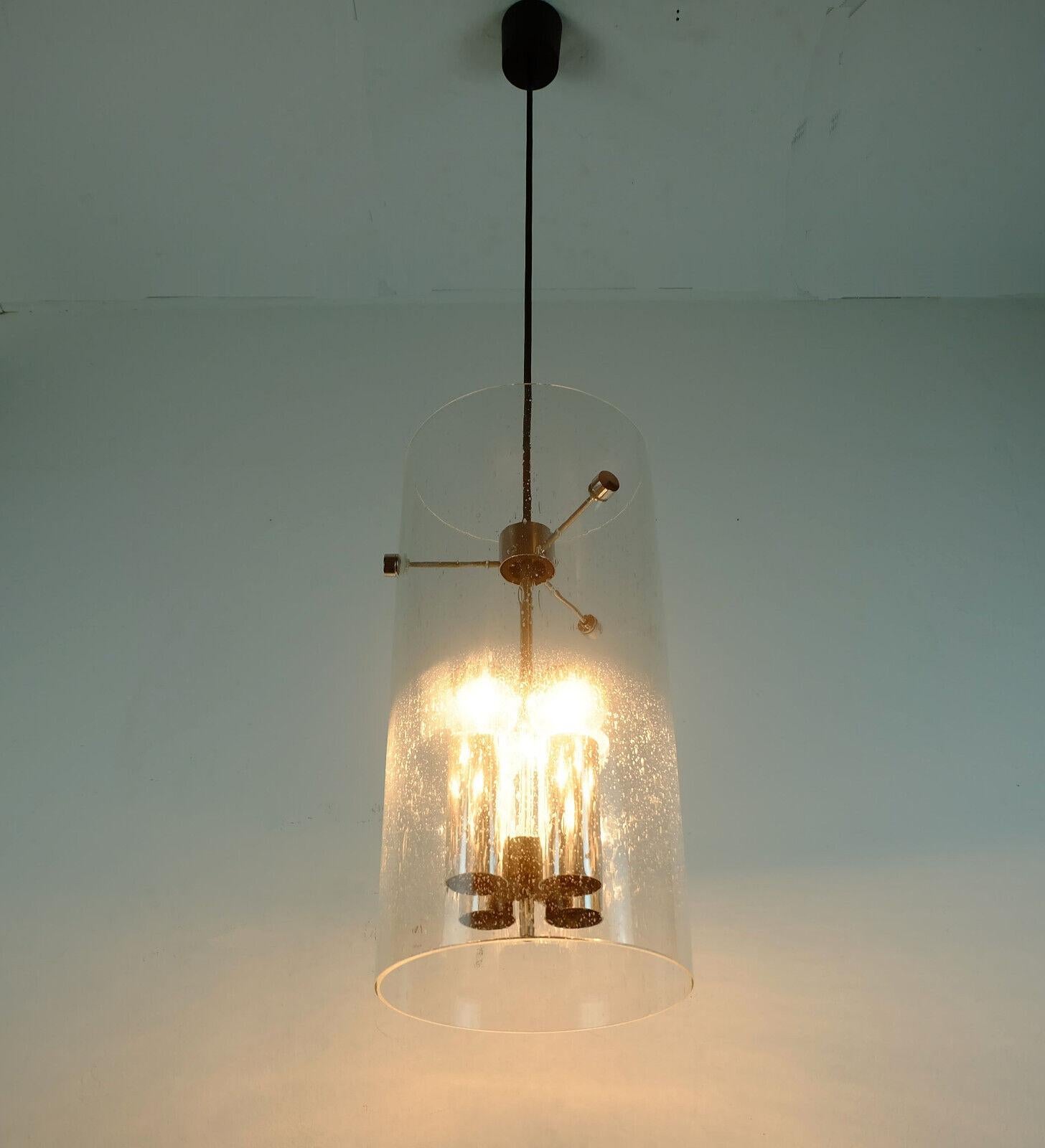 Late 20th Century Huge Limburg Pendant Light Cylindrical Bubble Glass Shade and Chrome 3 in Stock For Sale