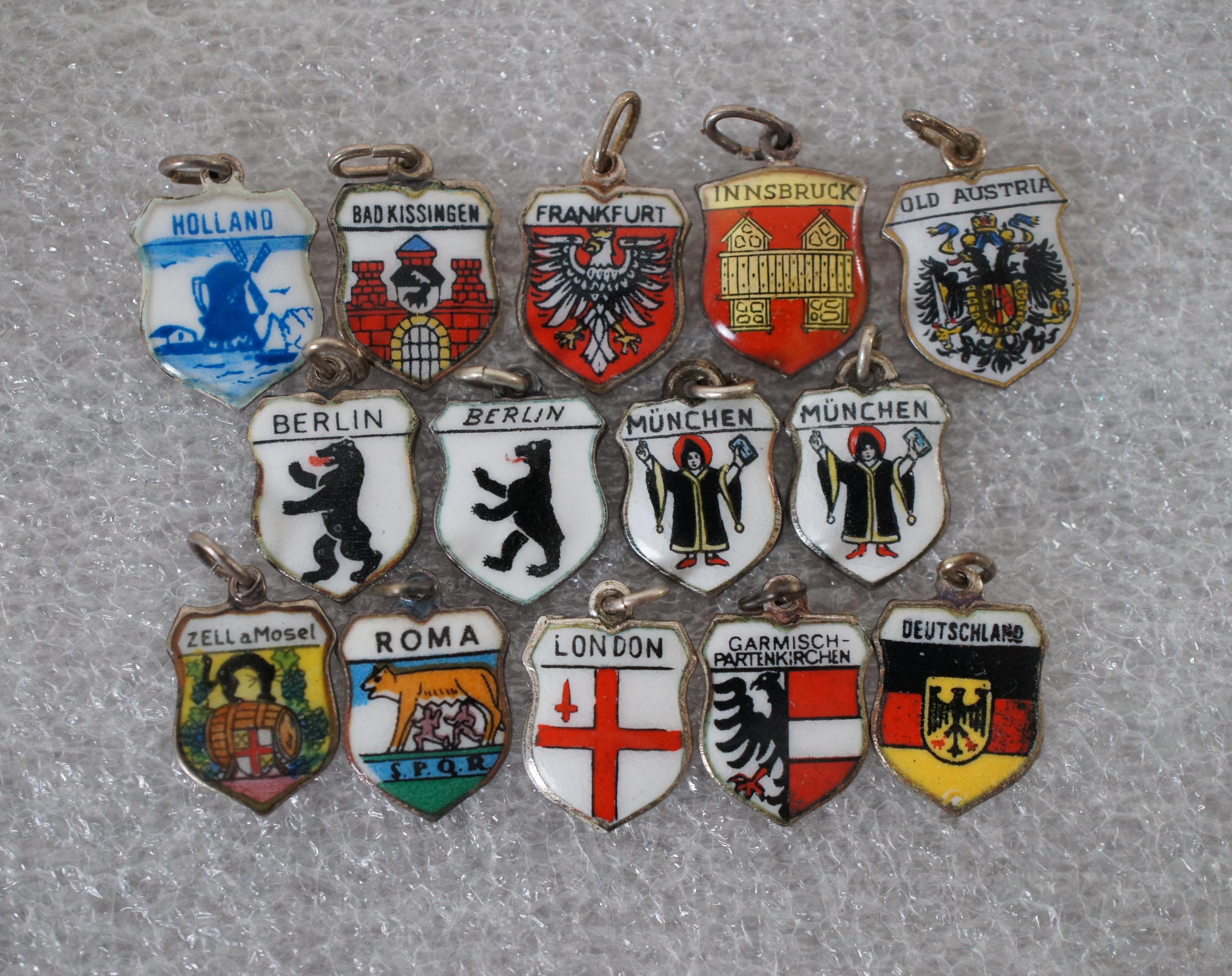 20th Century Huge Lot of 68 Vintage 800 835 925 Silver Enamel European City Souvenir Charms