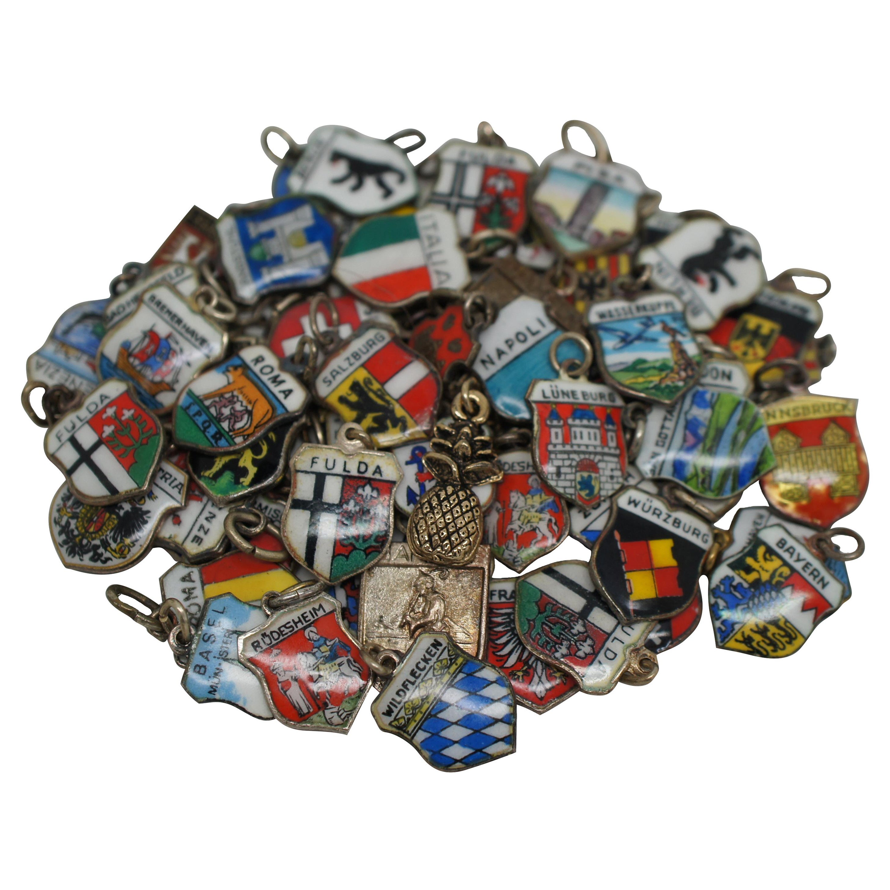 Huge Lot of 68 Vintage 800 835 925 Silver Enamel European City Souvenir Charms
