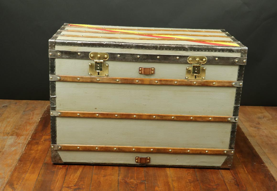 Brass Huge Louis Vuitton Grey Trianon Canvas Trunk, 1880s