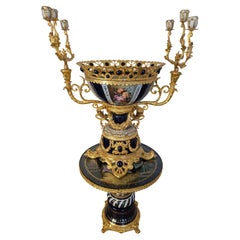 Huge Magnificent King Louis Style Gilted & Cobalt Blue Floral Candelabra Bowl