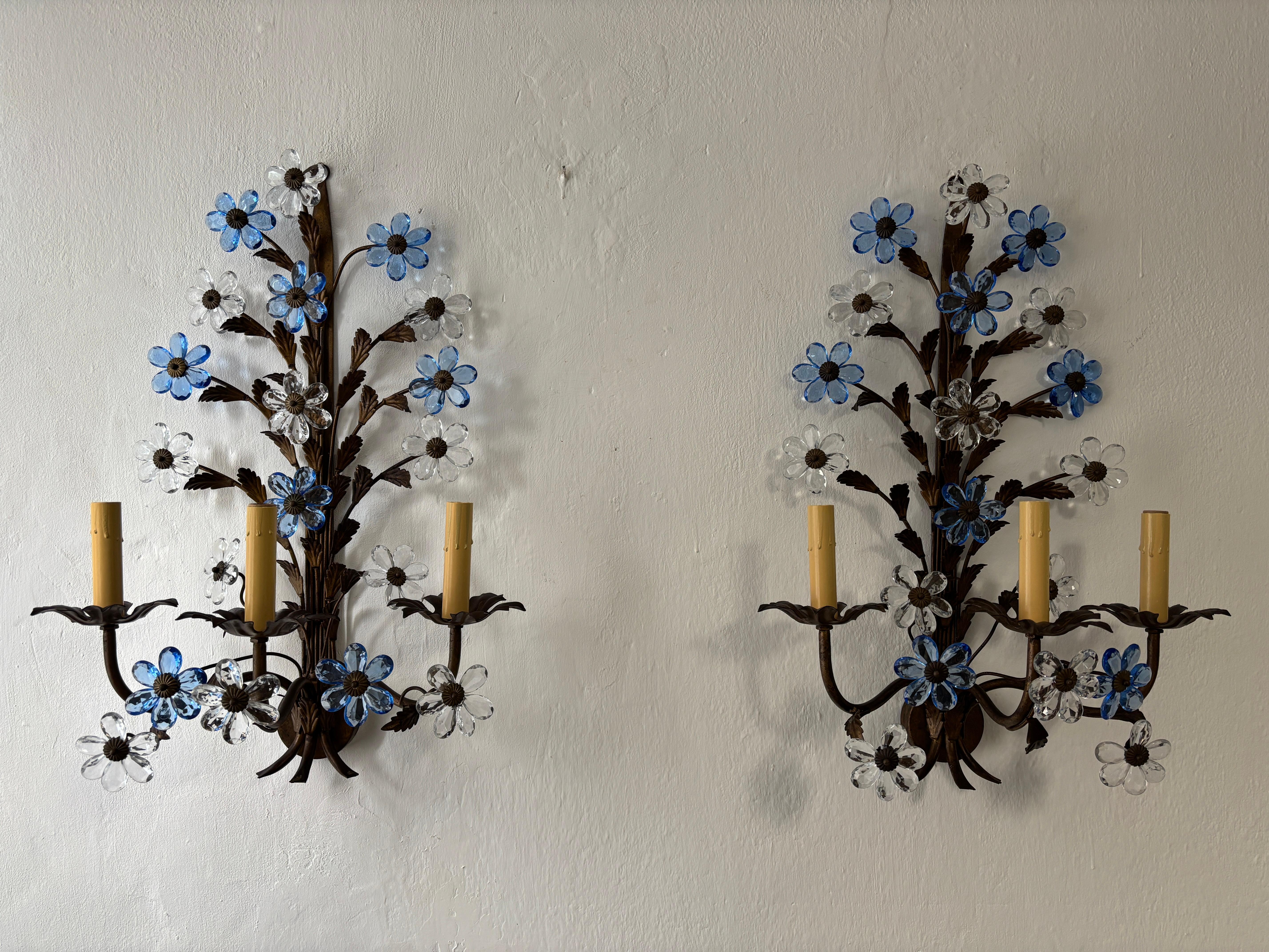 Housing an impressive 3 lights each.  These will be newly rewired with US UL certified sockets for the USA and appropriate sockets for all other countries.  Tole metal leaves with great patina.  Adorning 19 flowers on each,  made up of blue and