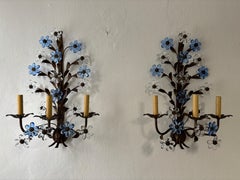 Huge Maison Baguès 3 lights Blue Crystal Flowers Tole Leaves Sconces, circa 1950
