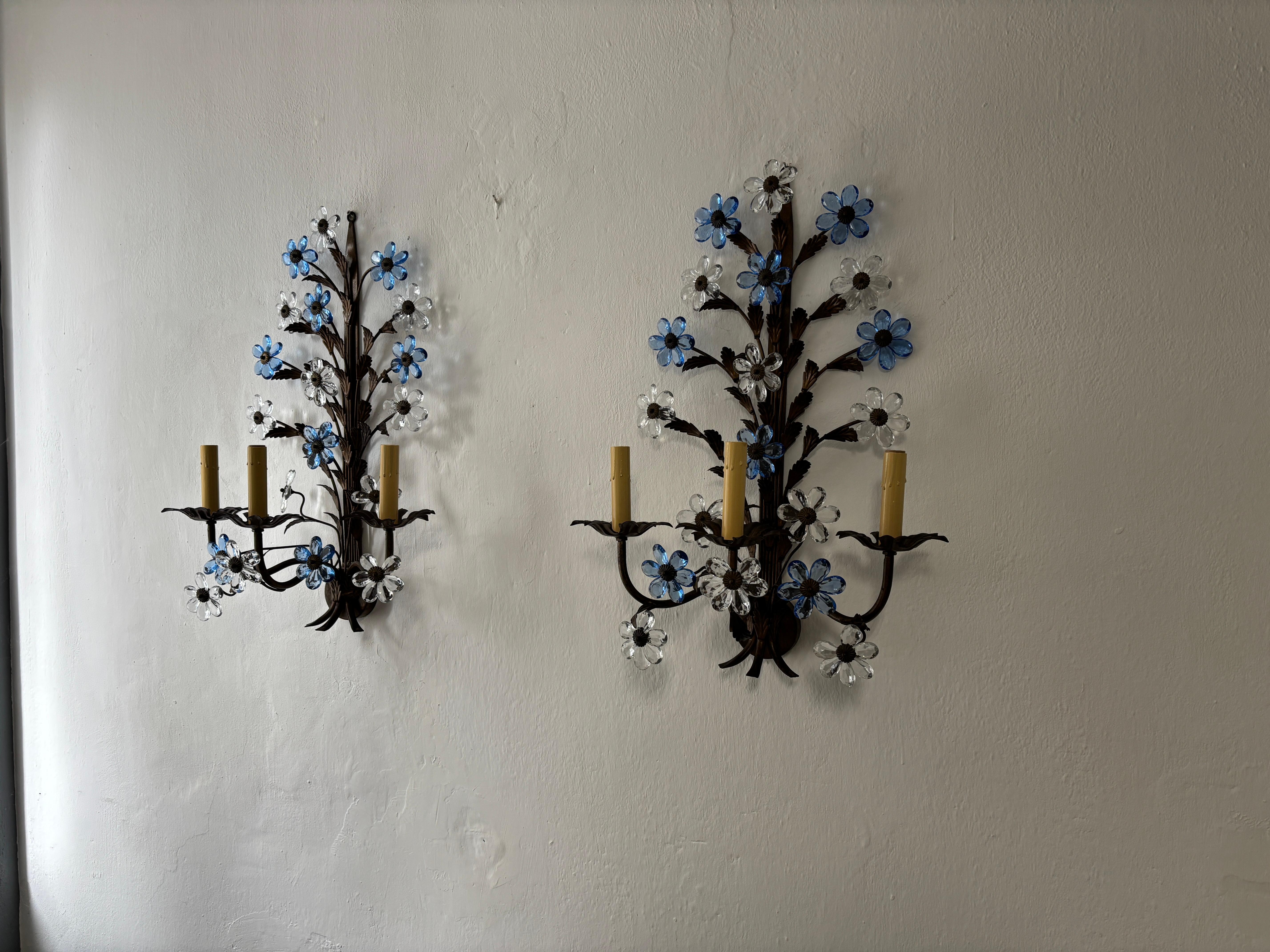 Mid-Century Modern Huge Maison Baguès 3 lights Blue Crystal Flowers Tole Leaves Sconces, circa 1950 For Sale