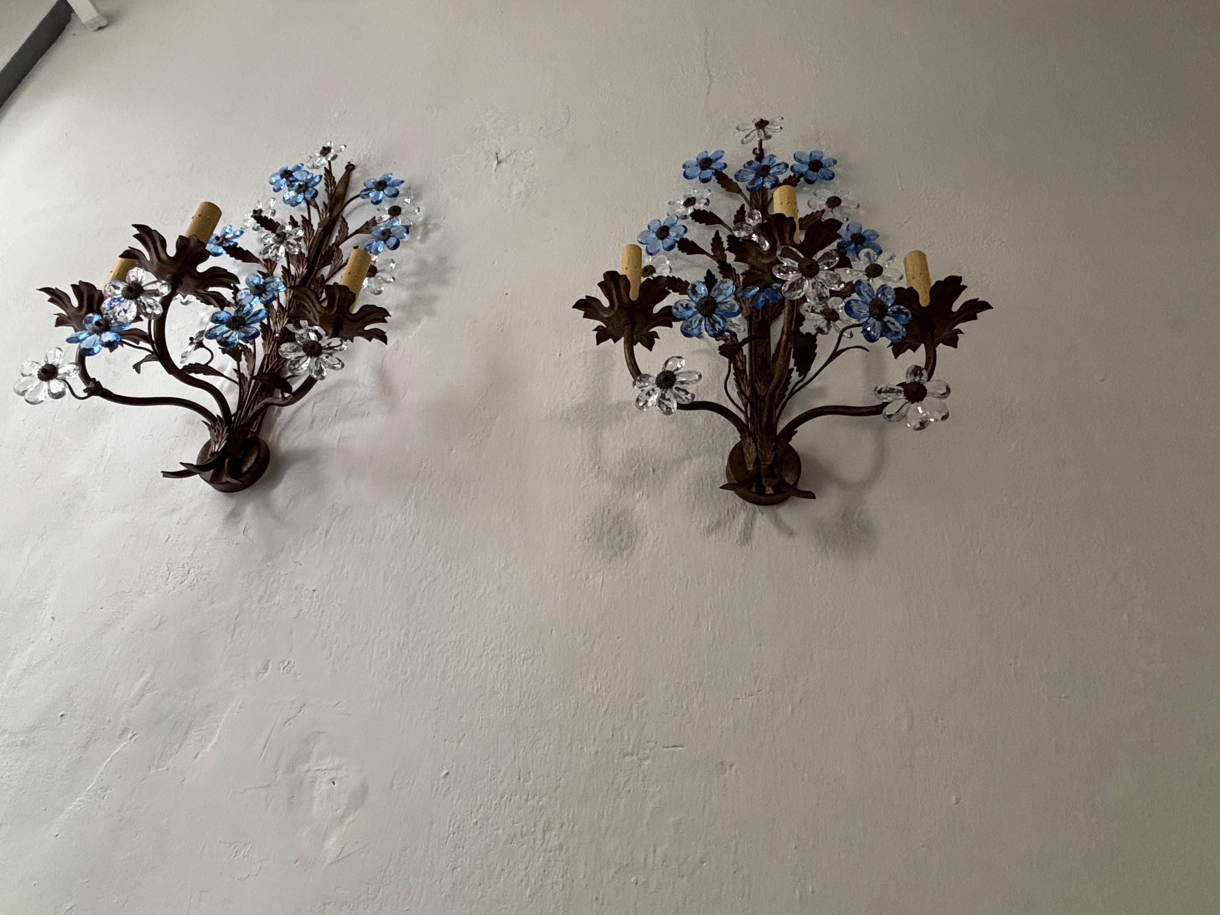 Huge Maison Baguès 3 lights Blue Crystal Flowers Tole Leaves Sconces, circa 1950 For Sale 1