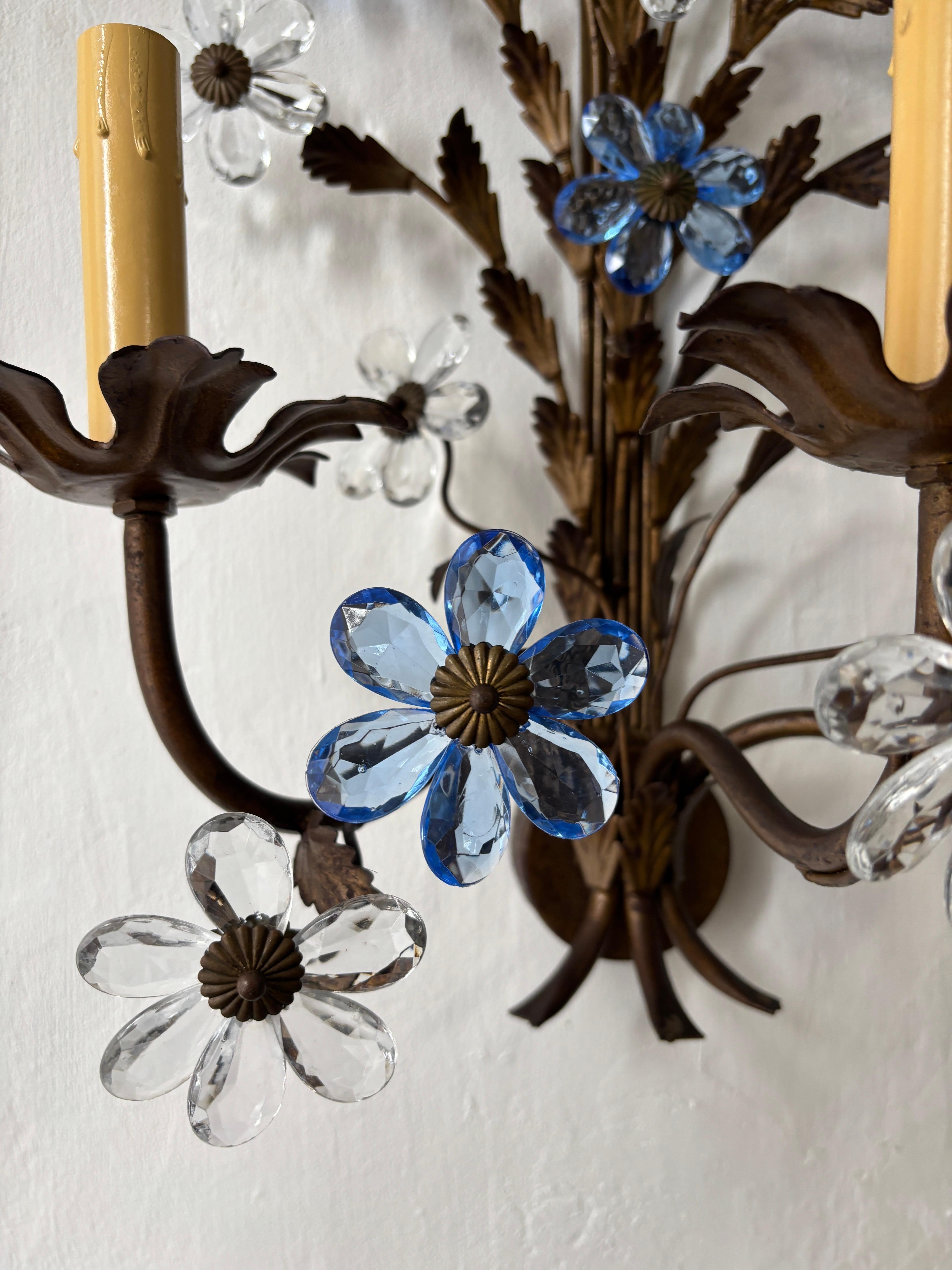 Huge Maison Baguès 3 lights Blue Crystal Flowers Tole Leaves Sconces, circa 1950 For Sale 3