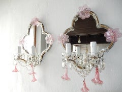 Riesige Maison Baguès Stil Spiegel mit rosa Murano Blumen Wandleuchter