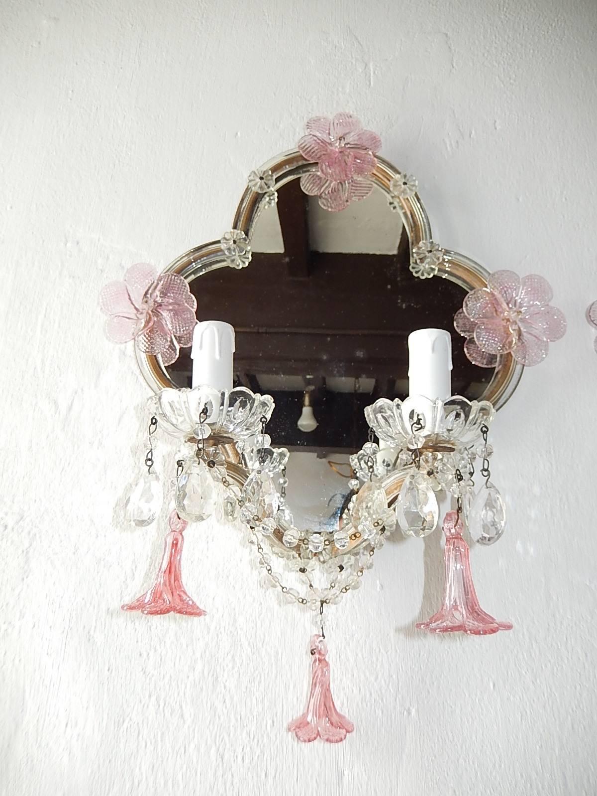 French Huge Maison Baguès Style Mirror with Pink Murano Flowers Sconces
