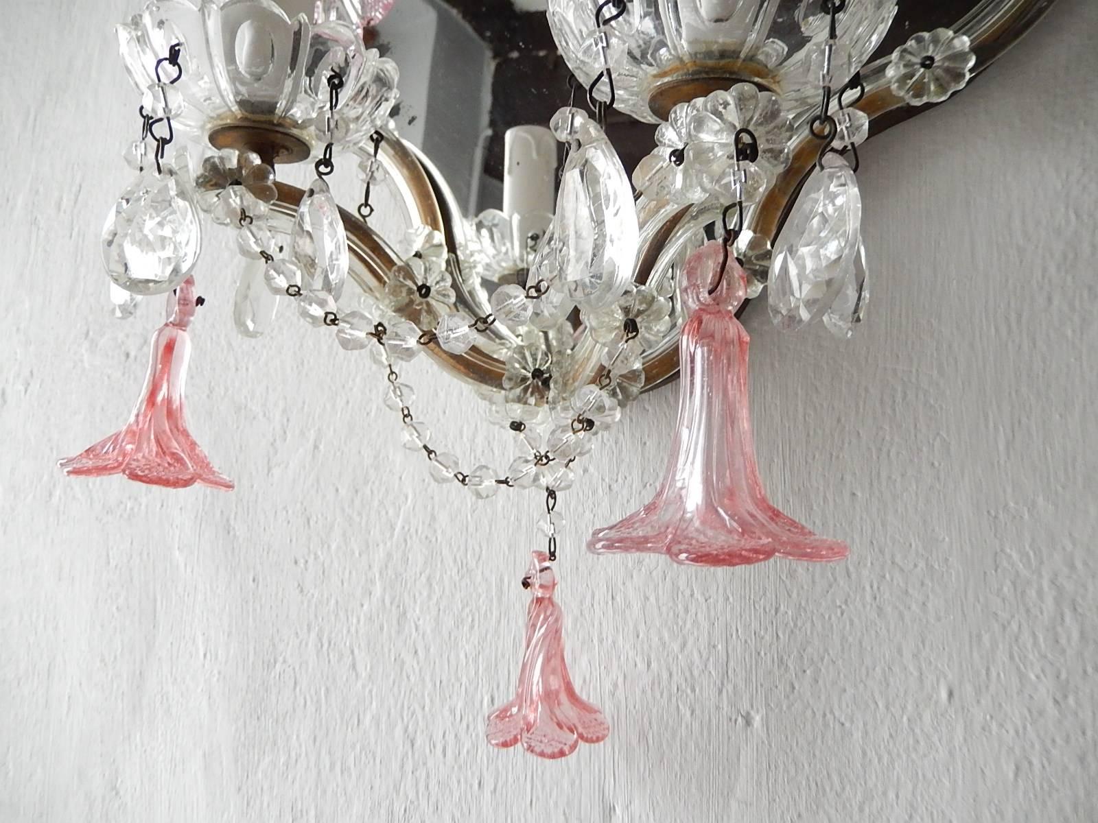 Huge Maison Baguès Style Mirror with Pink Murano Flowers Sconces In Good Condition In Modena (MO), Modena (Mo)