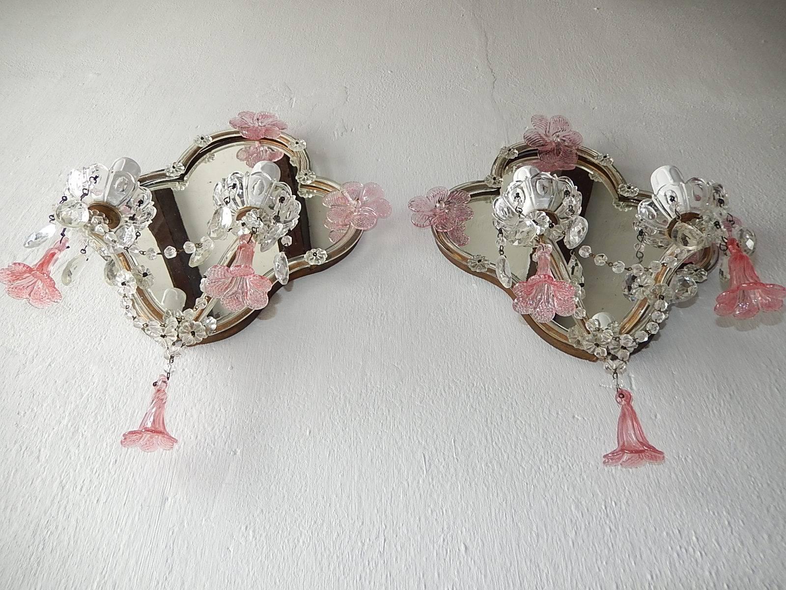 Huge Maison Baguès Style Mirror with Pink Murano Flowers Sconces 2