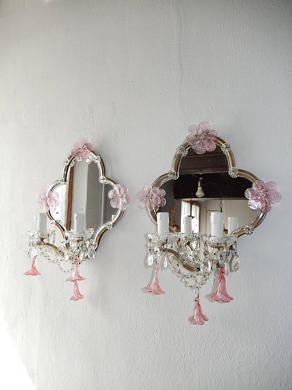 Huge Maison Baguès Style Mirror with Pink Murano Flowers Sconces 3