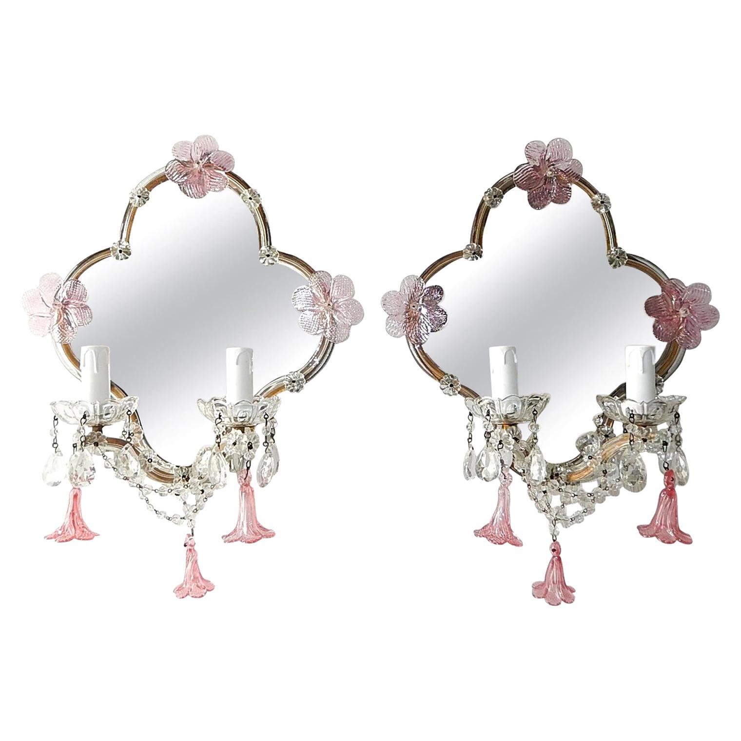 Huge Maison Baguès Style Mirror with Pink Murano Flowers Sconces