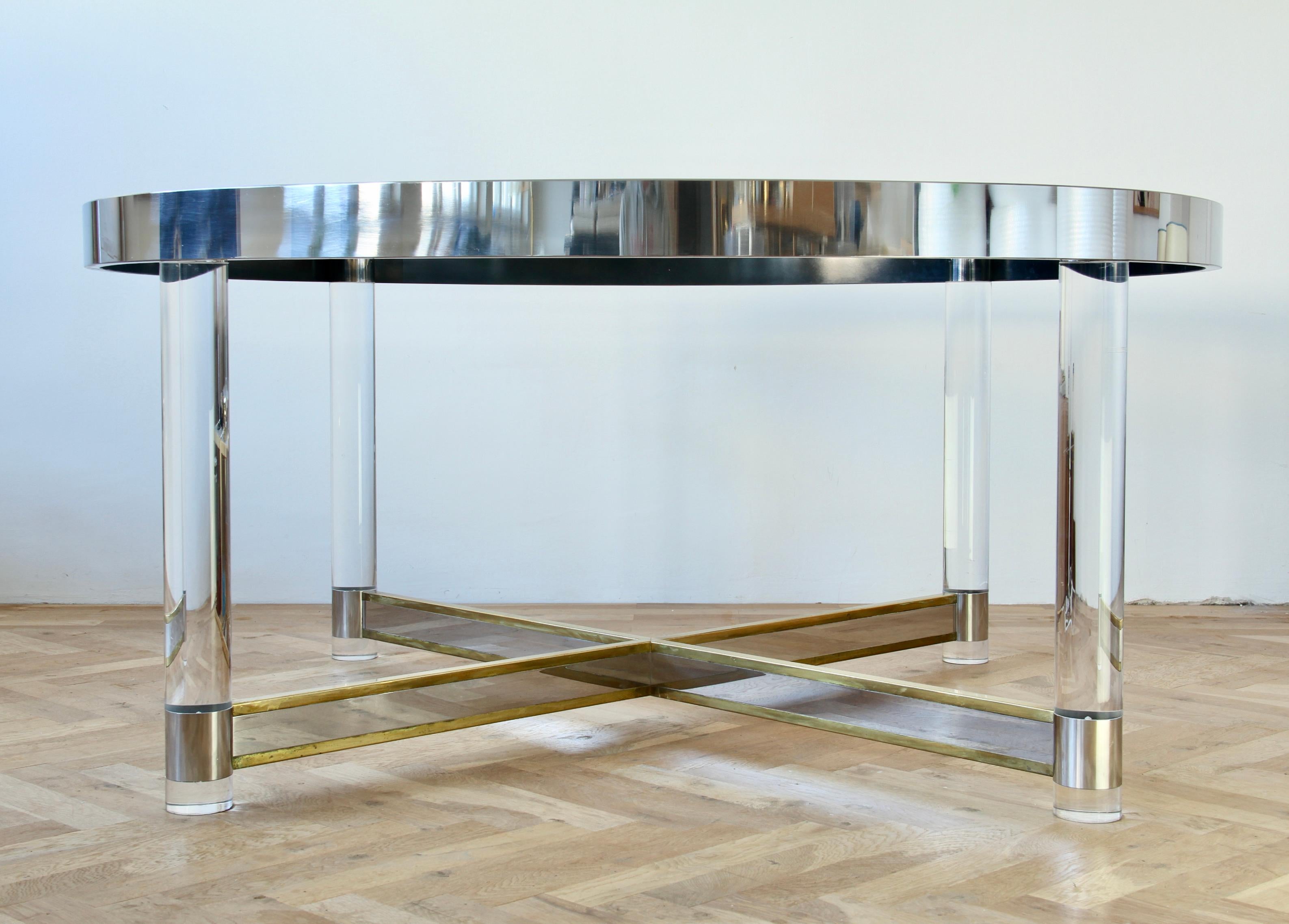 Italian Huge Maison Jansen Style Mid-Century Brass, Chrome & Lucite Dining Table 1970s For Sale