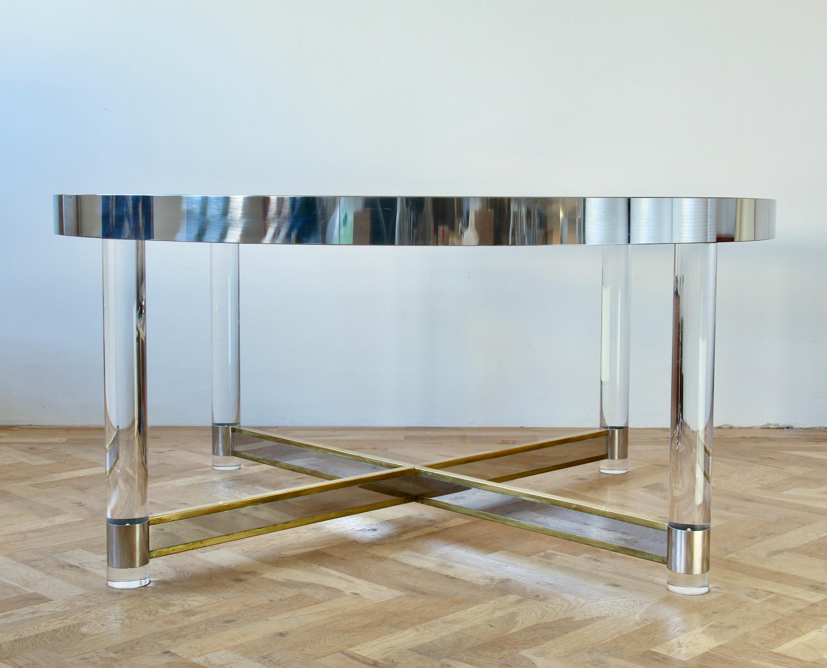 Plated Huge Maison Jansen Style Mid-Century Brass, Chrome & Lucite Dining Table 1970s For Sale