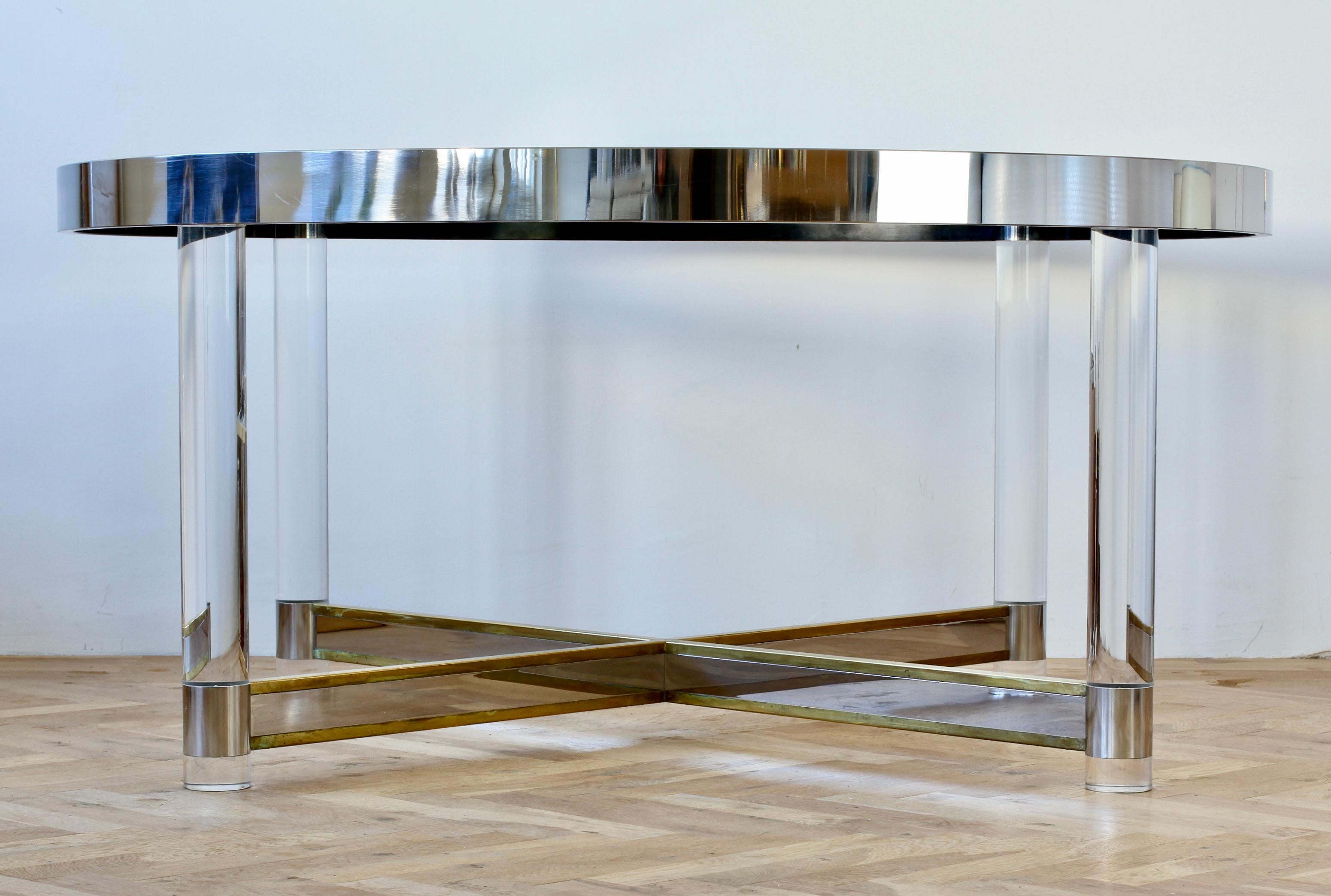 Metal Huge Maison Jansen Style Mid-Century Brass, Chrome & Lucite Dining Table 1970s For Sale