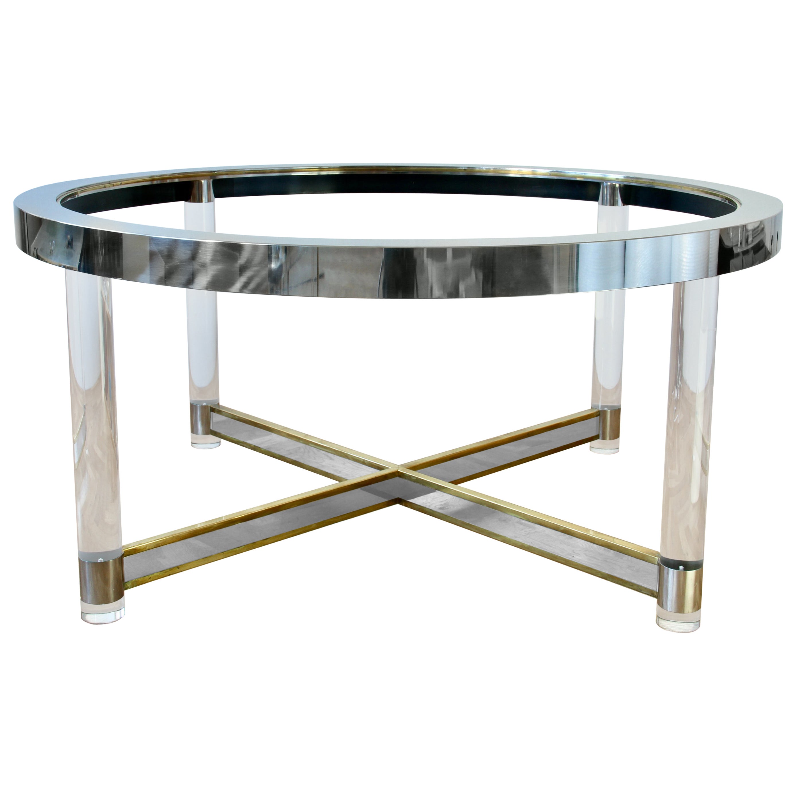 Huge Maison Jansen Style Mid-Century Brass, Chrome & Lucite Dining Table 1970s