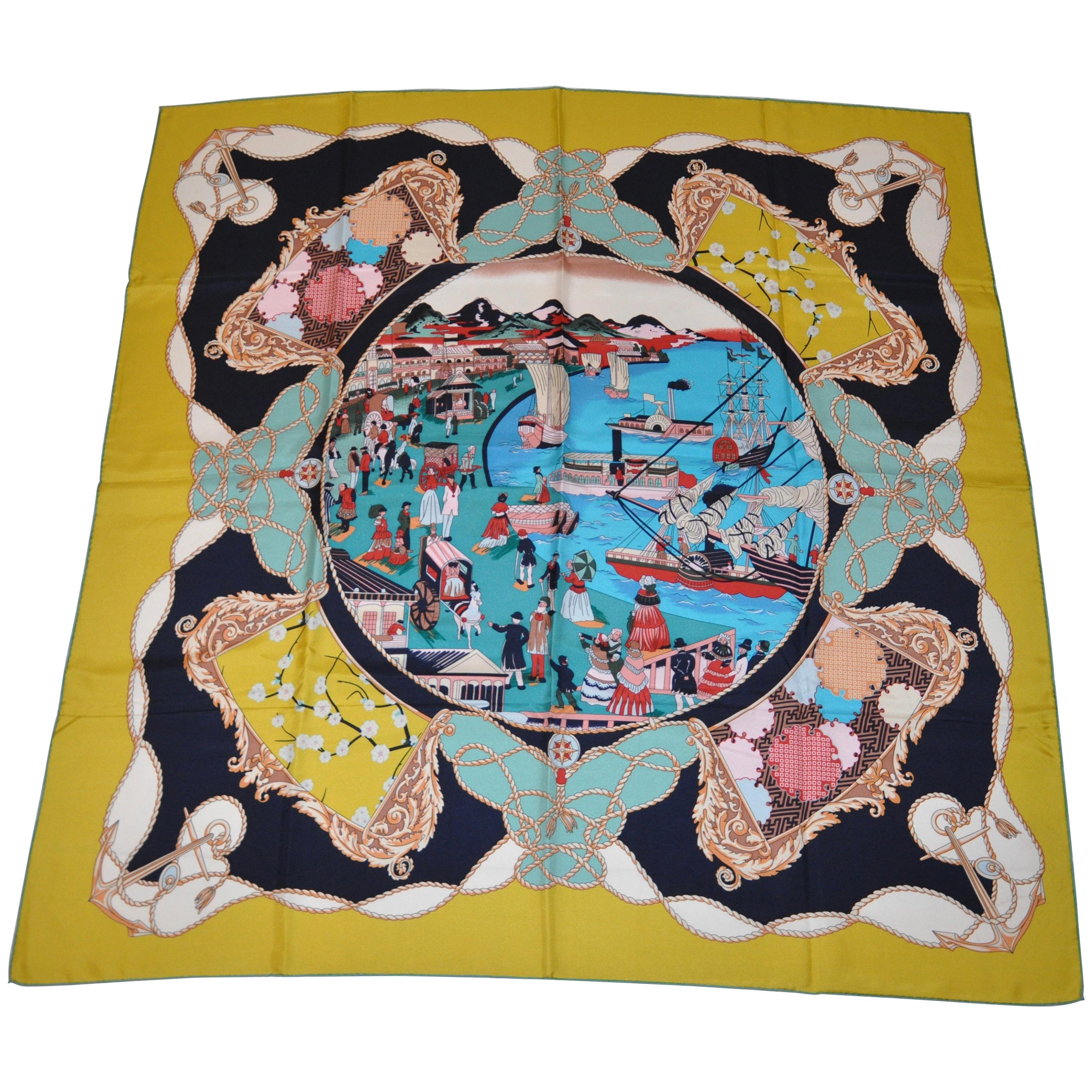 Huge Majestic Multicolor of "Colonial Times By The Shore" Silk Jacquard Scarf