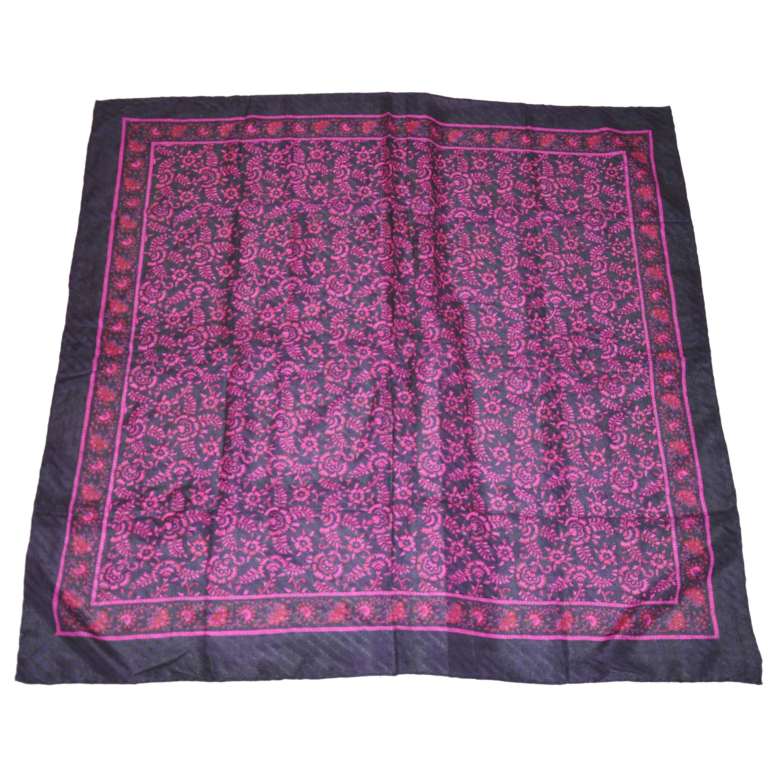 Huge Majestic "Royal Navy & Fuchsia Florals" Silk Scarf For Sale