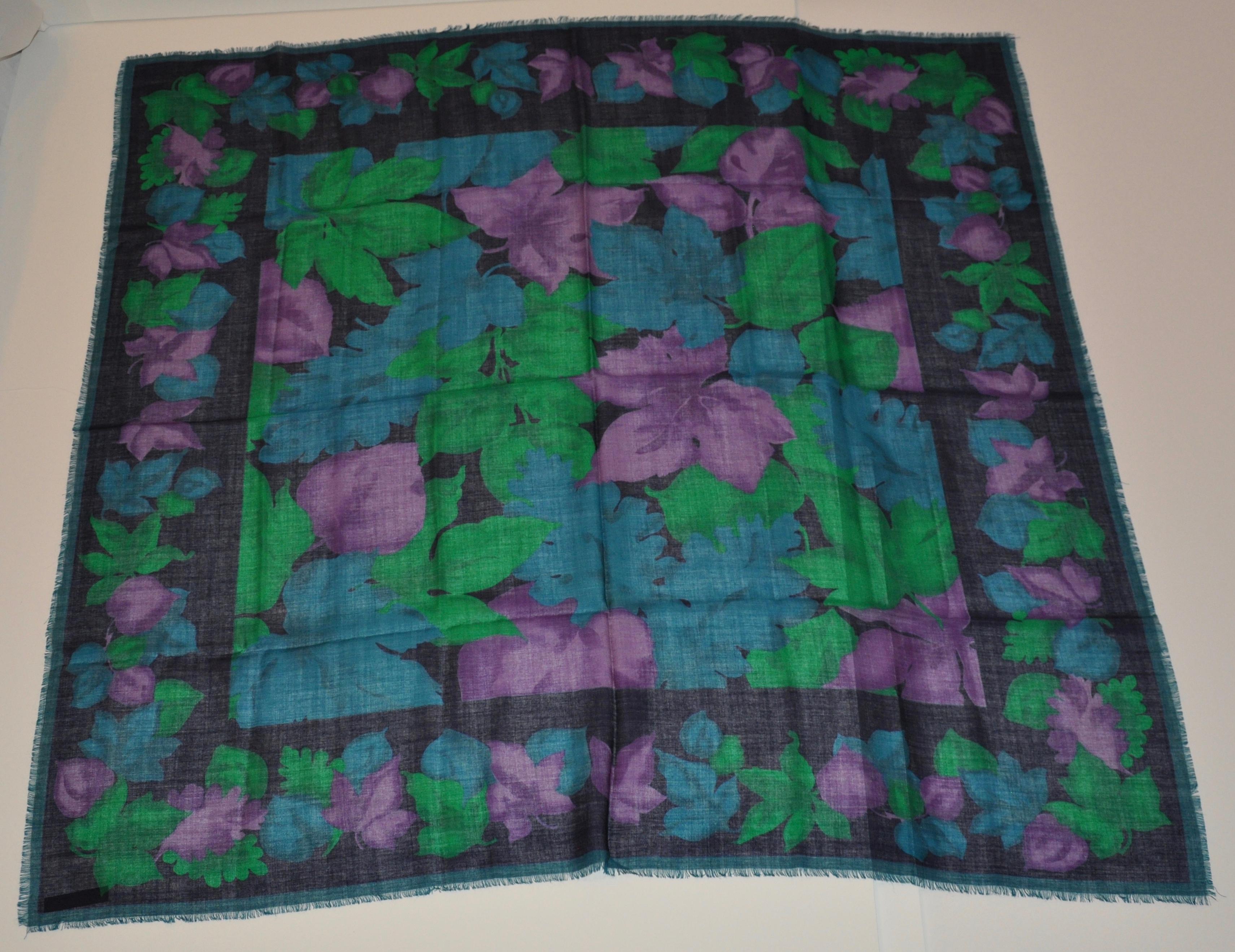 Huge Majestic Shades of Emerald Green & Plum Wool Challis Fringed Shawl For Sale 2