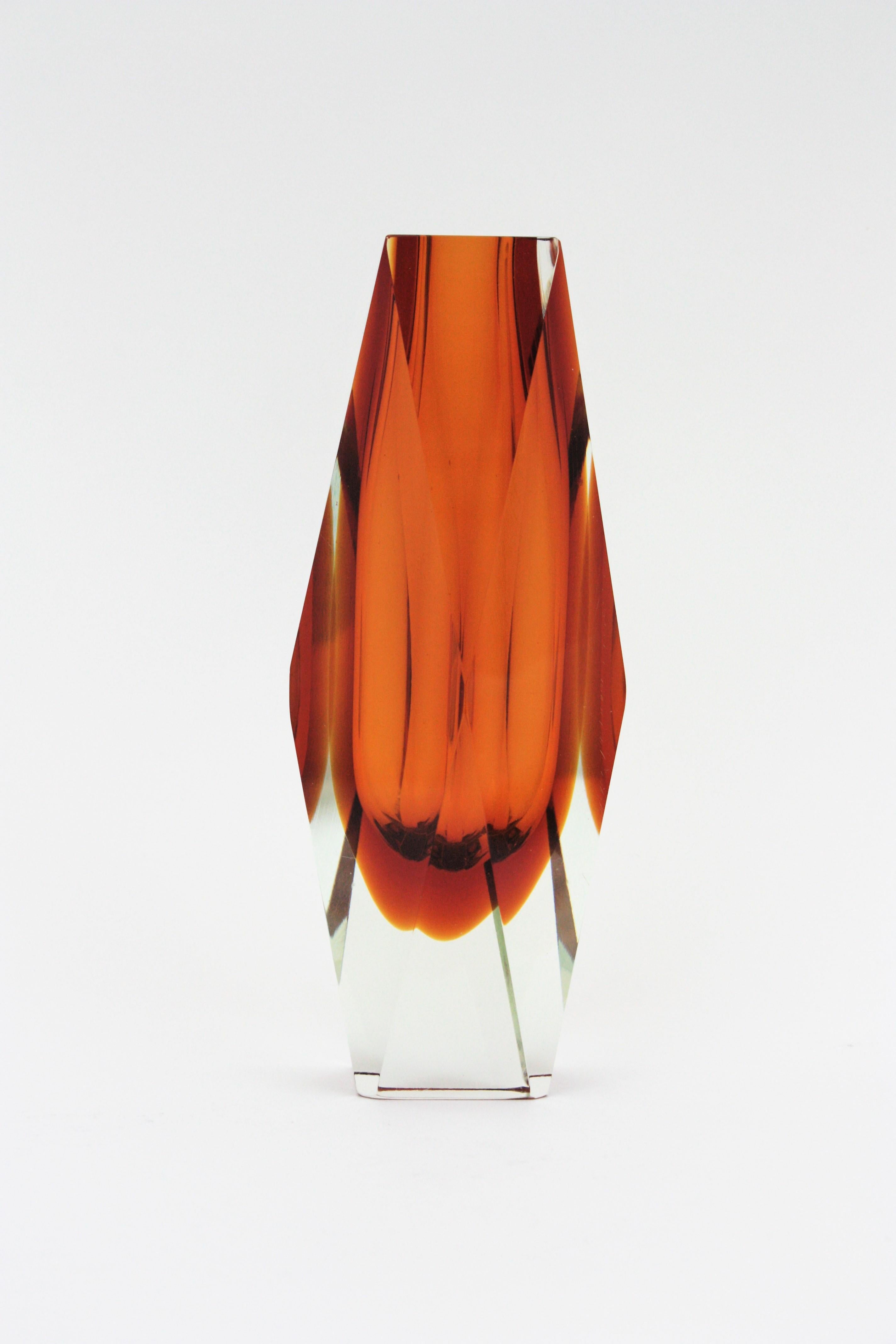 Mid-Century Modern Huge Mandruzzato Murano Faceted Orange Sommerso Glass Vase For Sale