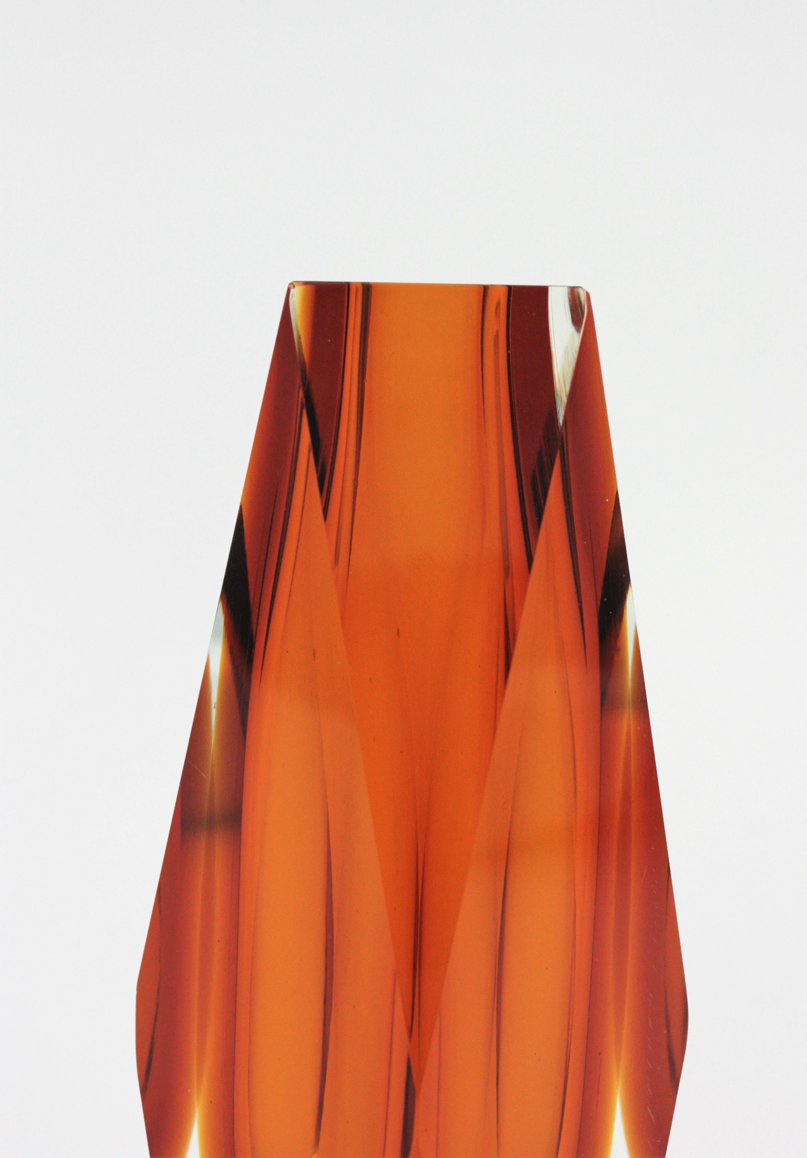 Italian Huge Mandruzzato Murano Faceted Orange Sommerso Glass Vase For Sale