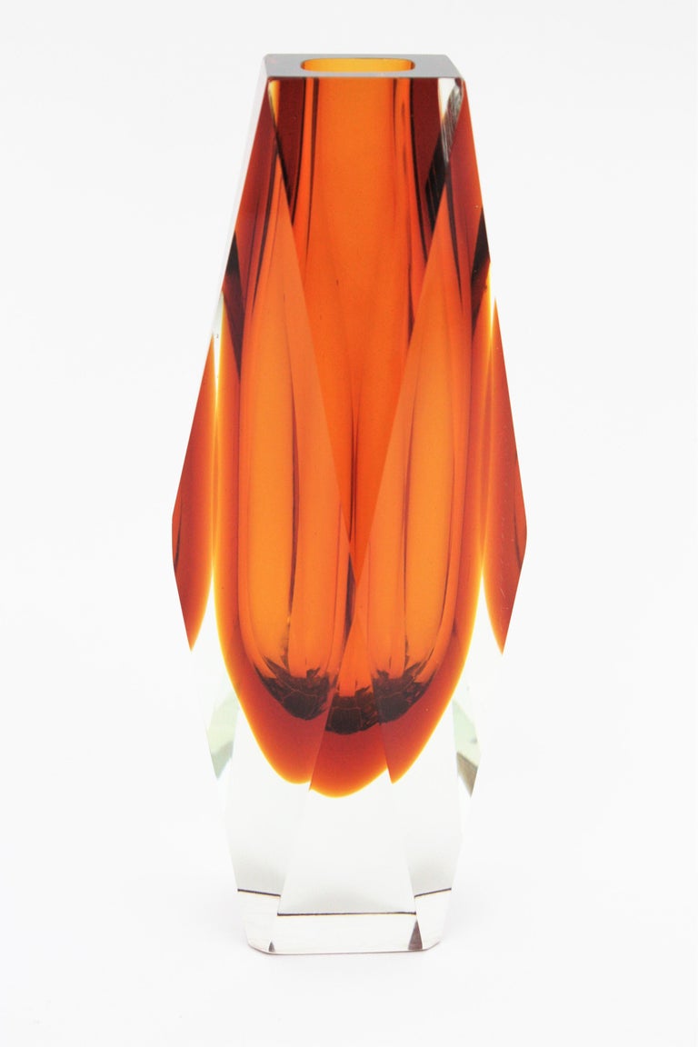 20th Century Huge Mandruzzato Murano Faceted Orange Sommerso Glass Vase For Sale