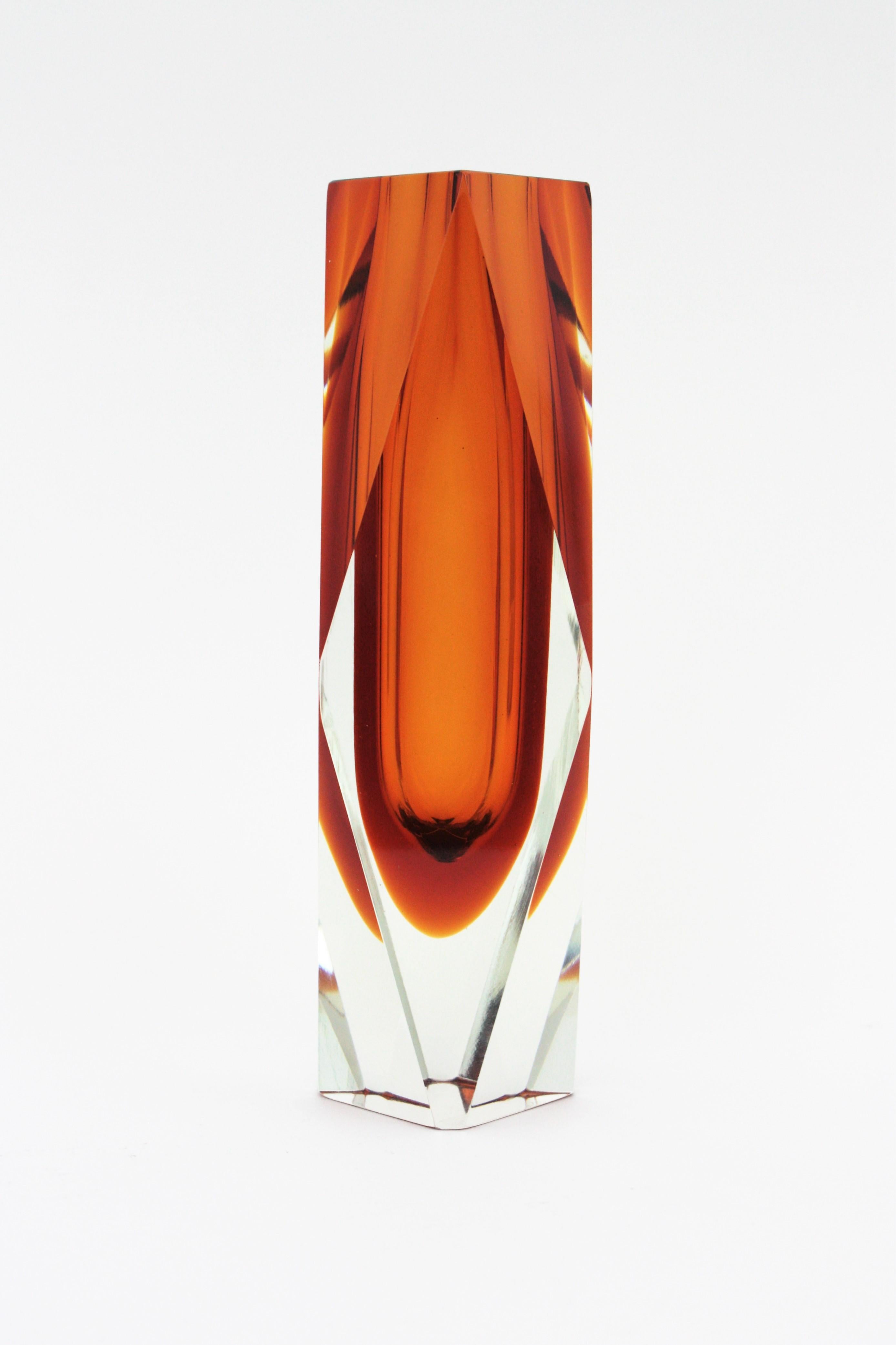Art Glass Huge Mandruzzato Murano Faceted Orange Sommerso Glass Vase For Sale