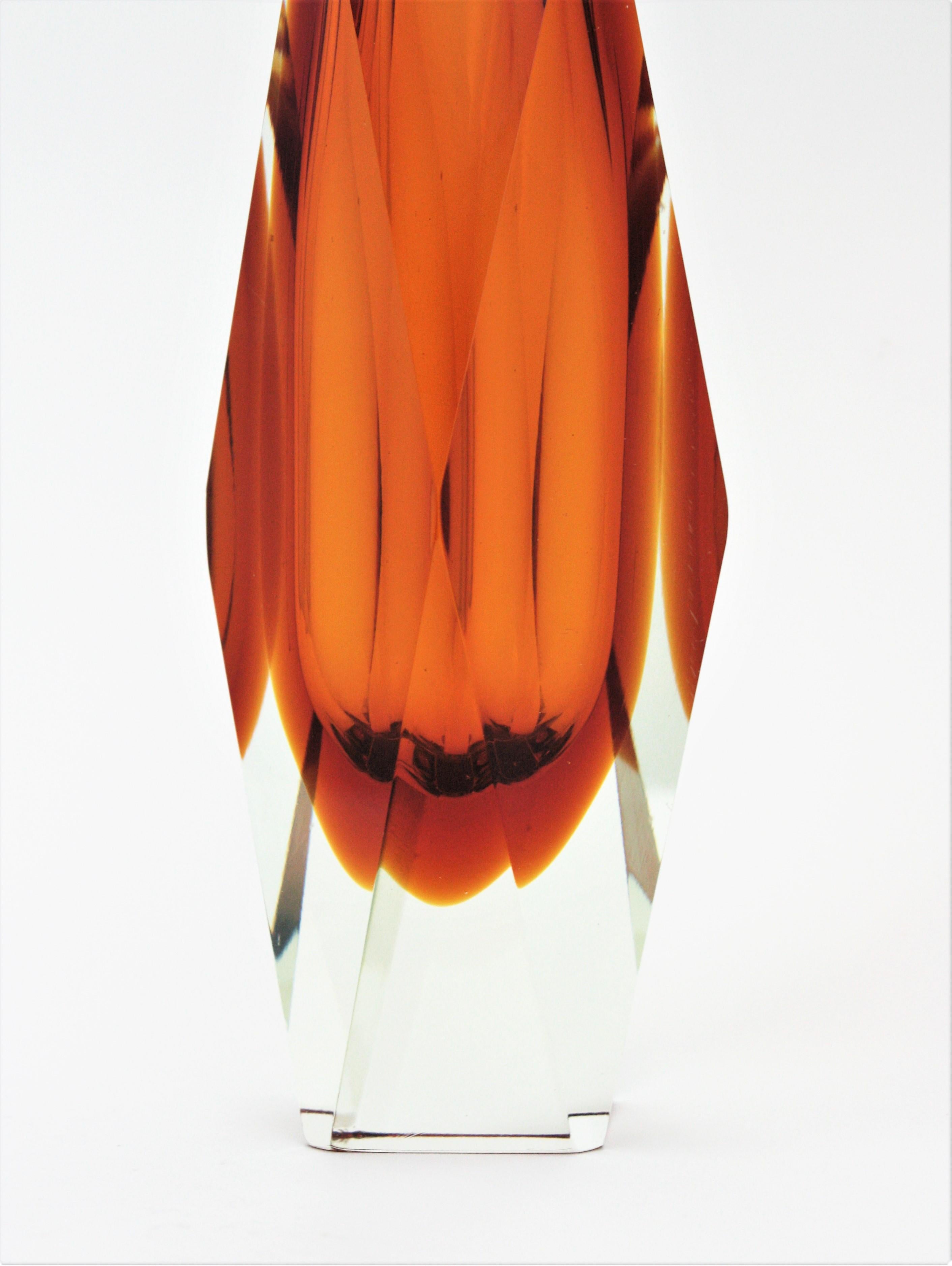 Huge Mandruzzato Murano Faceted Orange Sommerso Glass Vase For Sale 1