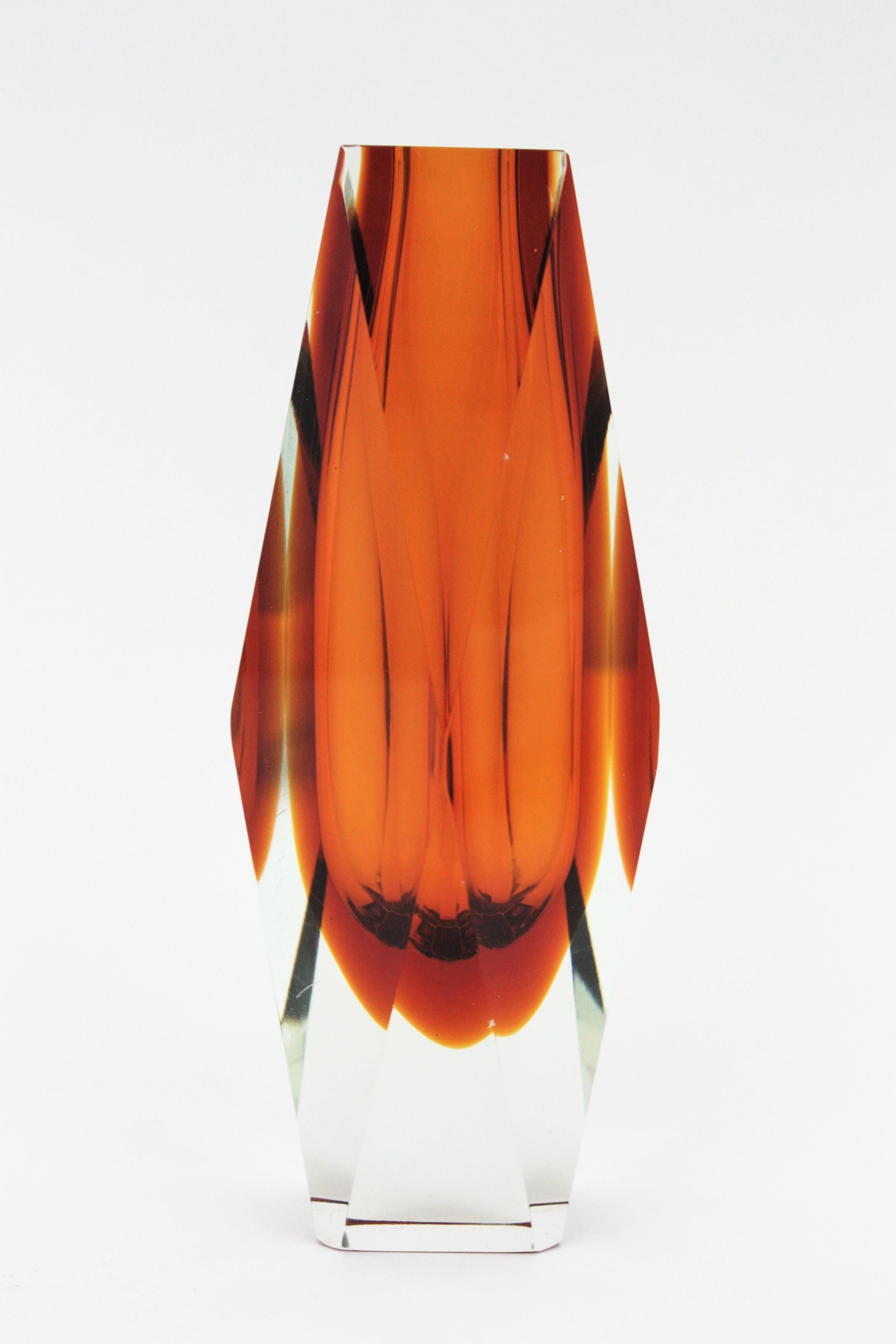 Huge Mandruzzato Murano Faceted Orange Sommerso Glass Vase For Sale 2