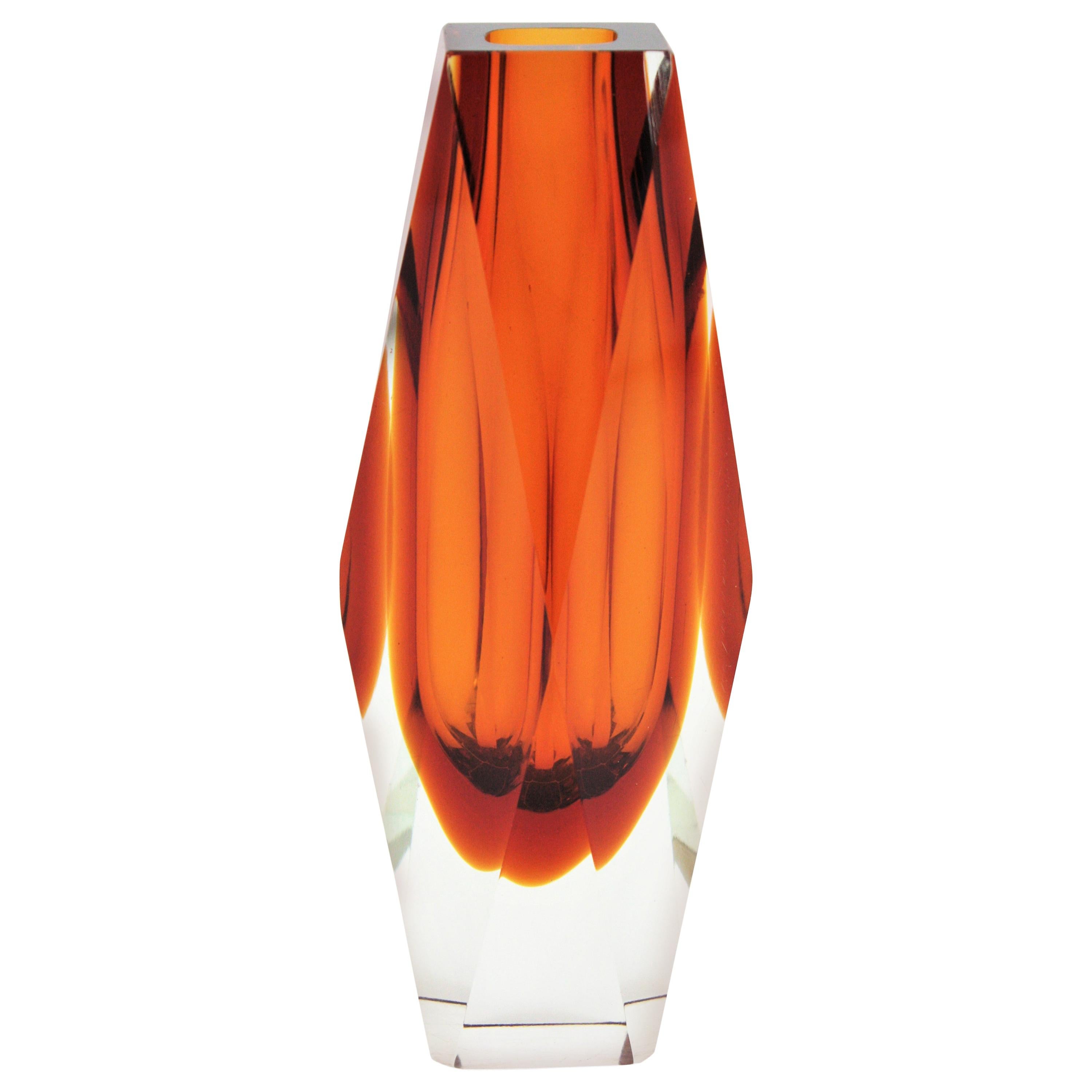 Huge Mandruzzato Murano Faceted Orange Sommerso Glass Vase