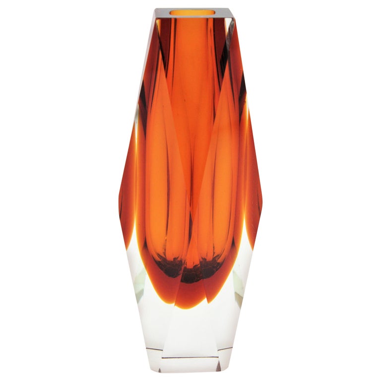 Huge Mandruzzato Murano Faceted Orange Sommerso Glass Vase For Sale