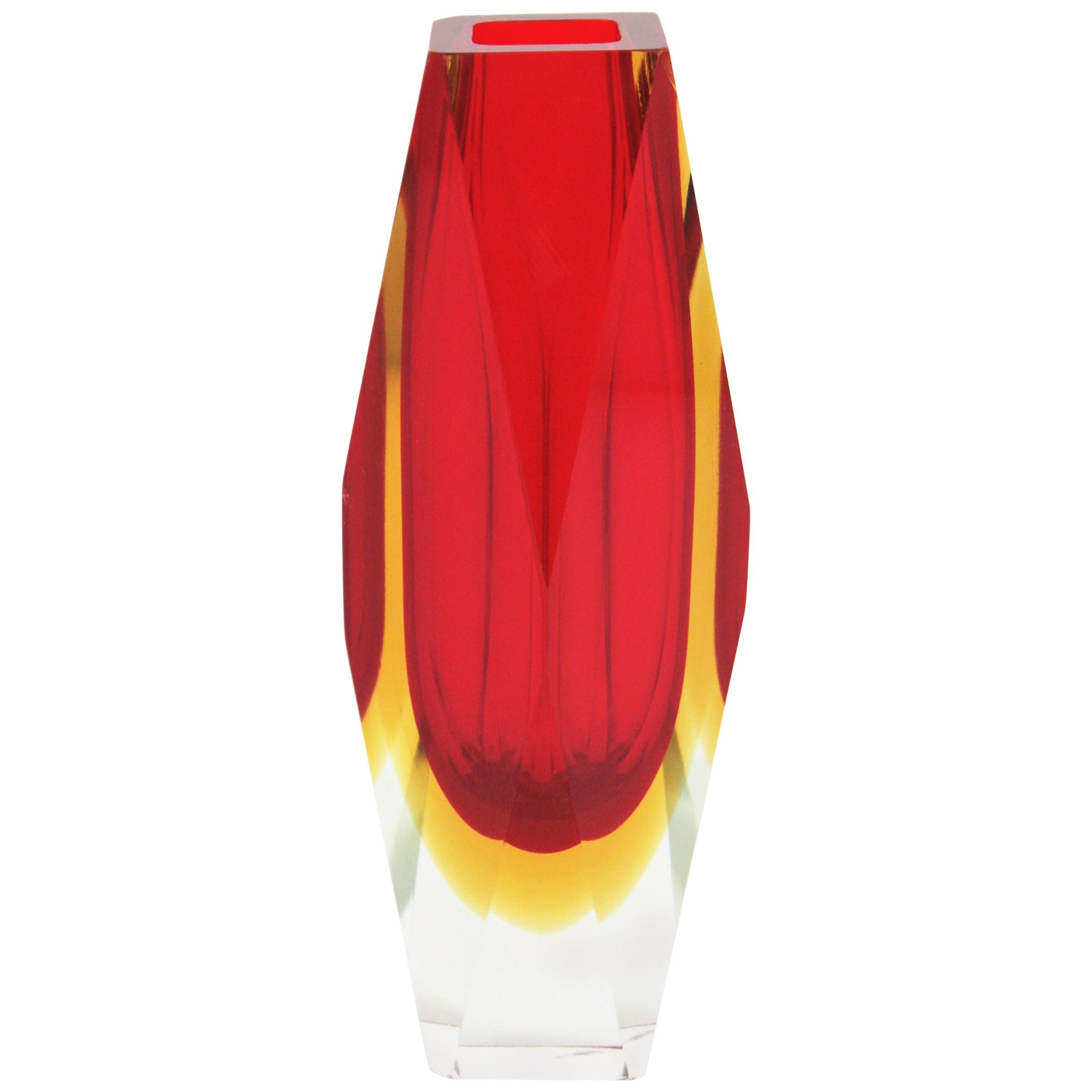 Huge Mandruzzato Murano Faceted Sommerso Red and Yellow Art Glass Vase