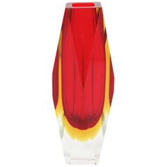 Huge Mandruzzato Murano Faceted Sommerso Red and Yellow Art Glass Vase